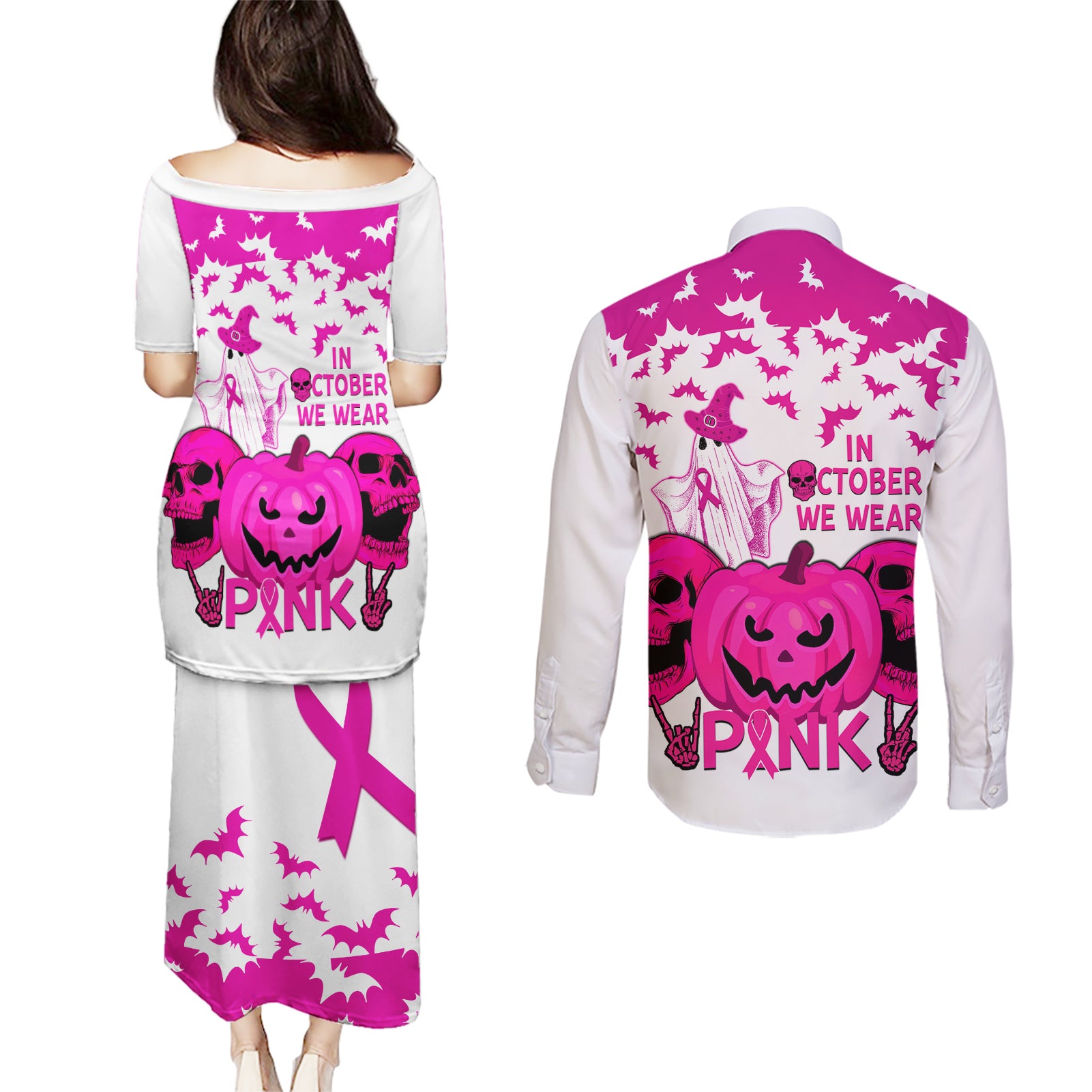 in-october-we-wear-pink-breast-cancer-couples-matching-puletasi-dress-and-long-sleeve-button-shirts-halloween-skull-with-pumkin-white-version