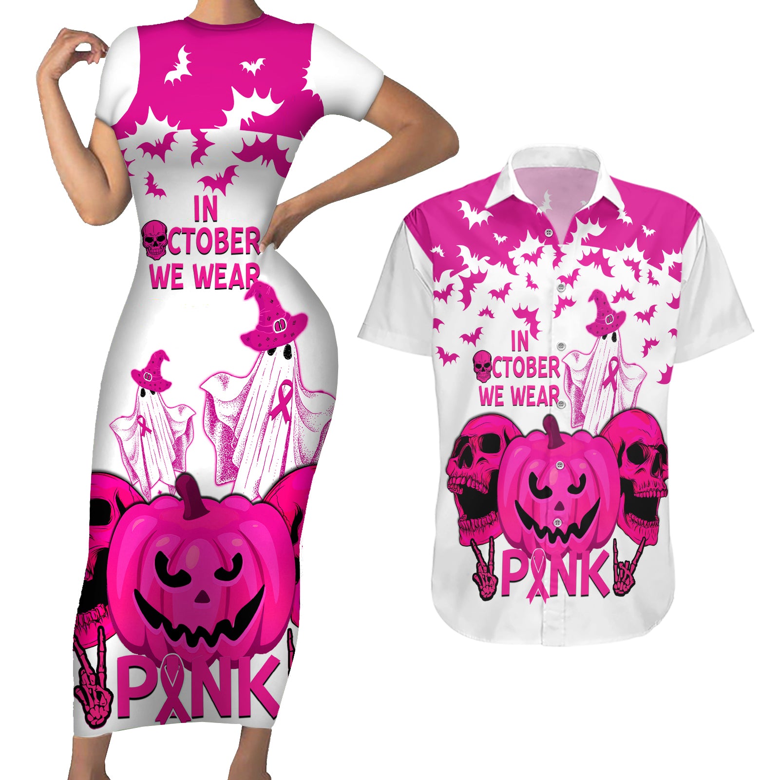 in-october-we-wear-pink-breast-cancer-couples-matching-short-sleeve-bodycon-dress-and-hawaiian-shirt-halloween-skull-with-pumkin-white-version