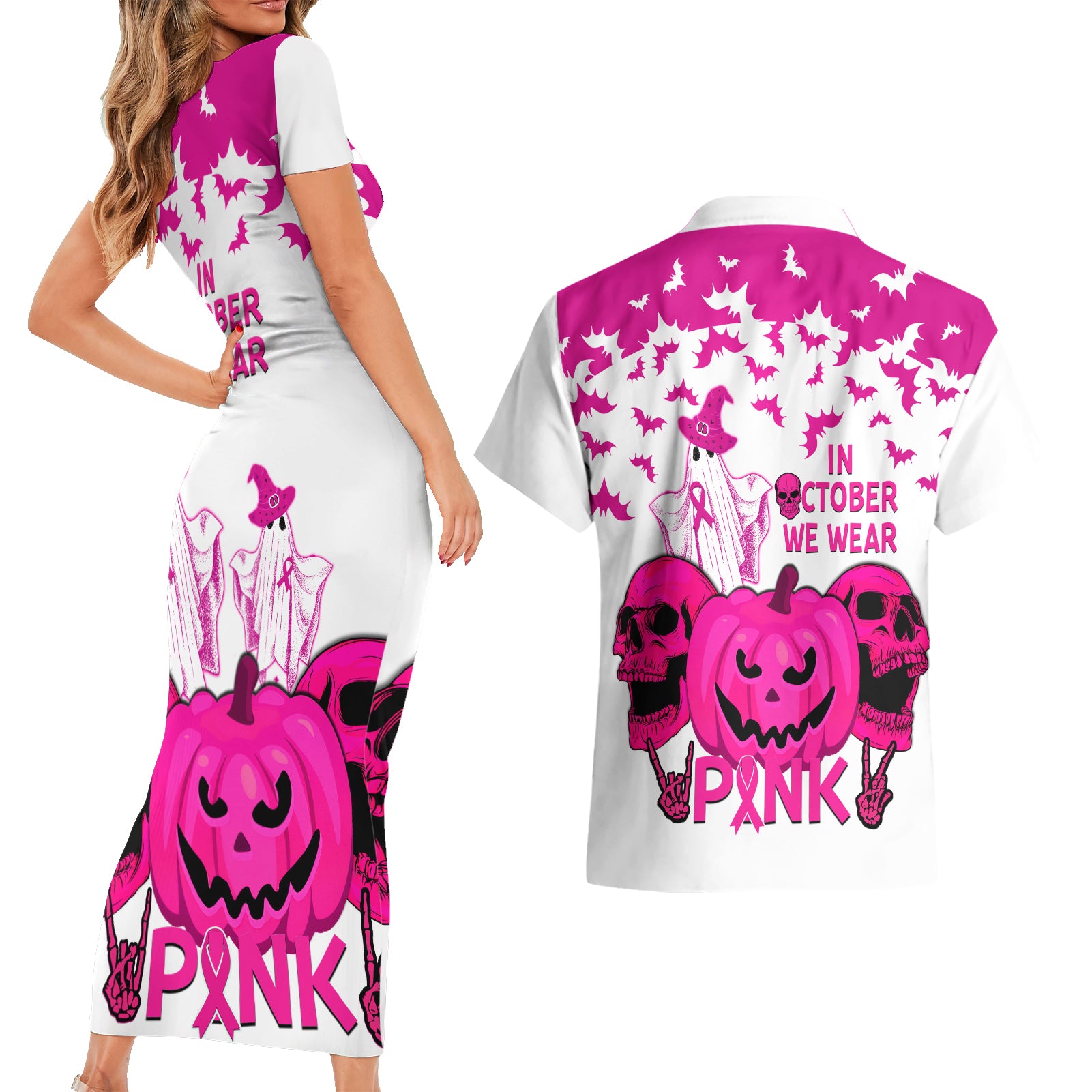 in-october-we-wear-pink-breast-cancer-couples-matching-short-sleeve-bodycon-dress-and-hawaiian-shirt-halloween-skull-with-pumkin-white-version