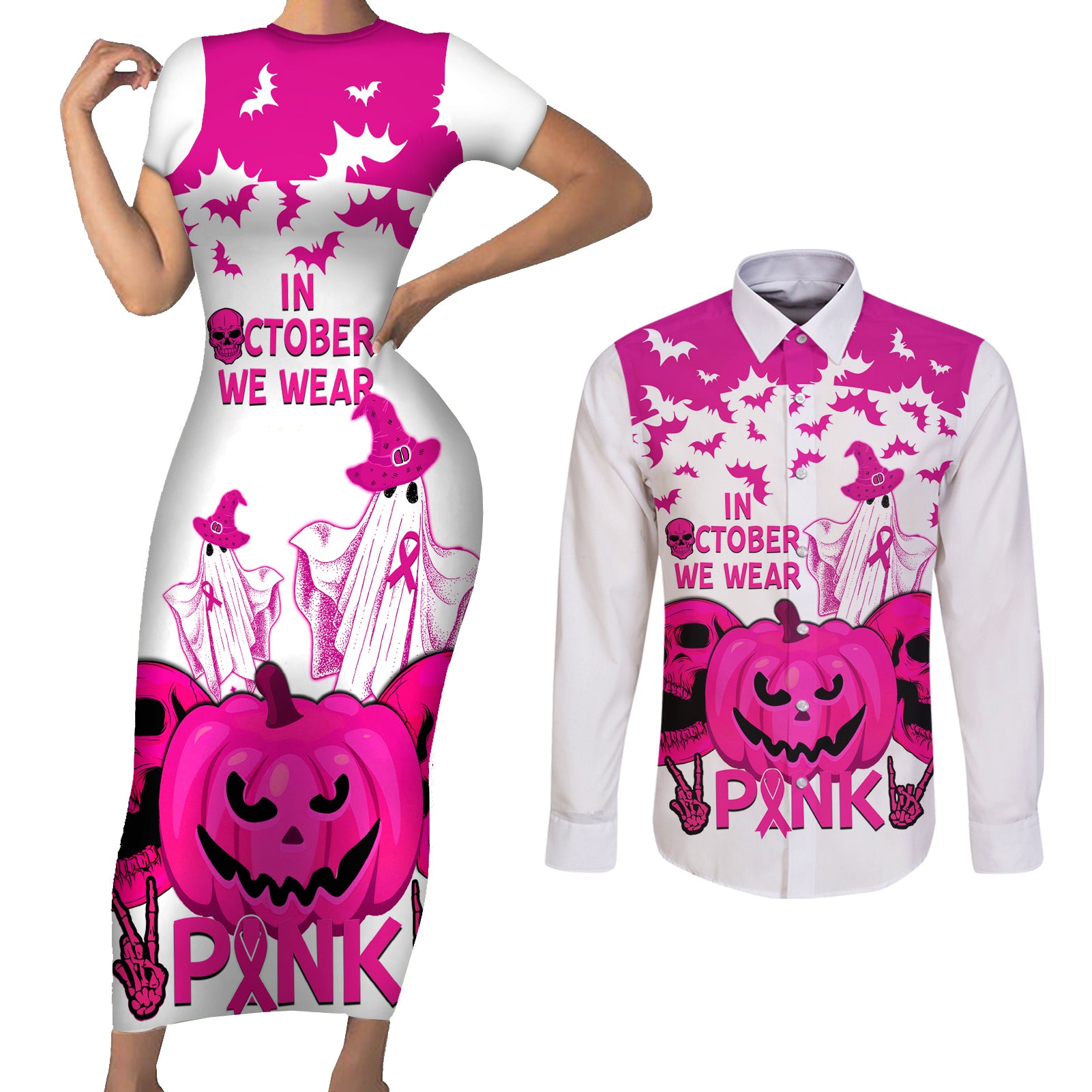 in-october-we-wear-pink-breast-cancer-couples-matching-short-sleeve-bodycon-dress-and-long-sleeve-button-shirts-halloween-skull-with-pumkin-white-version