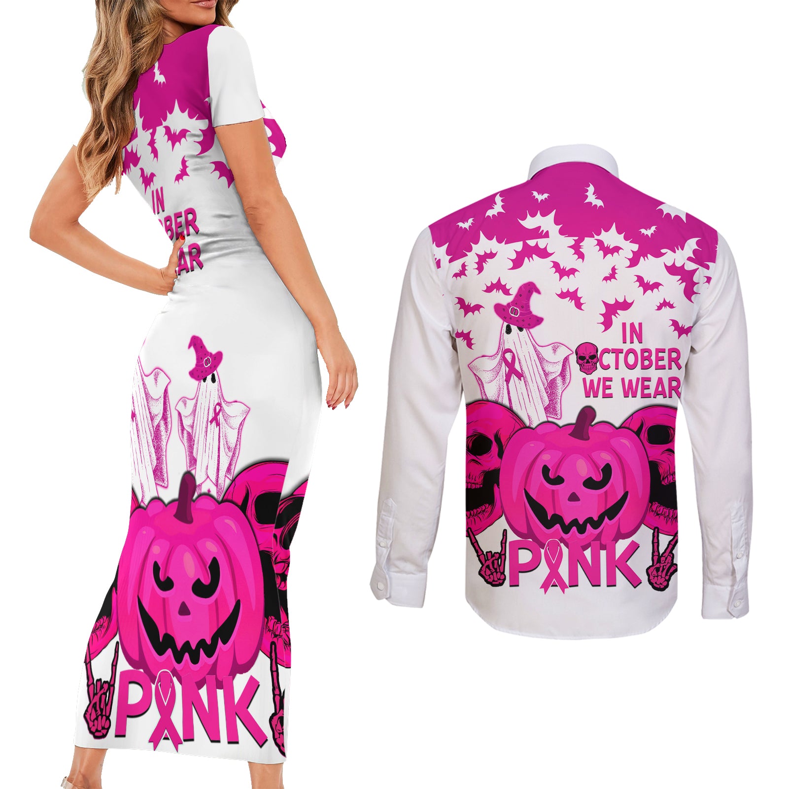 in-october-we-wear-pink-breast-cancer-couples-matching-short-sleeve-bodycon-dress-and-long-sleeve-button-shirts-halloween-skull-with-pumkin-white-version