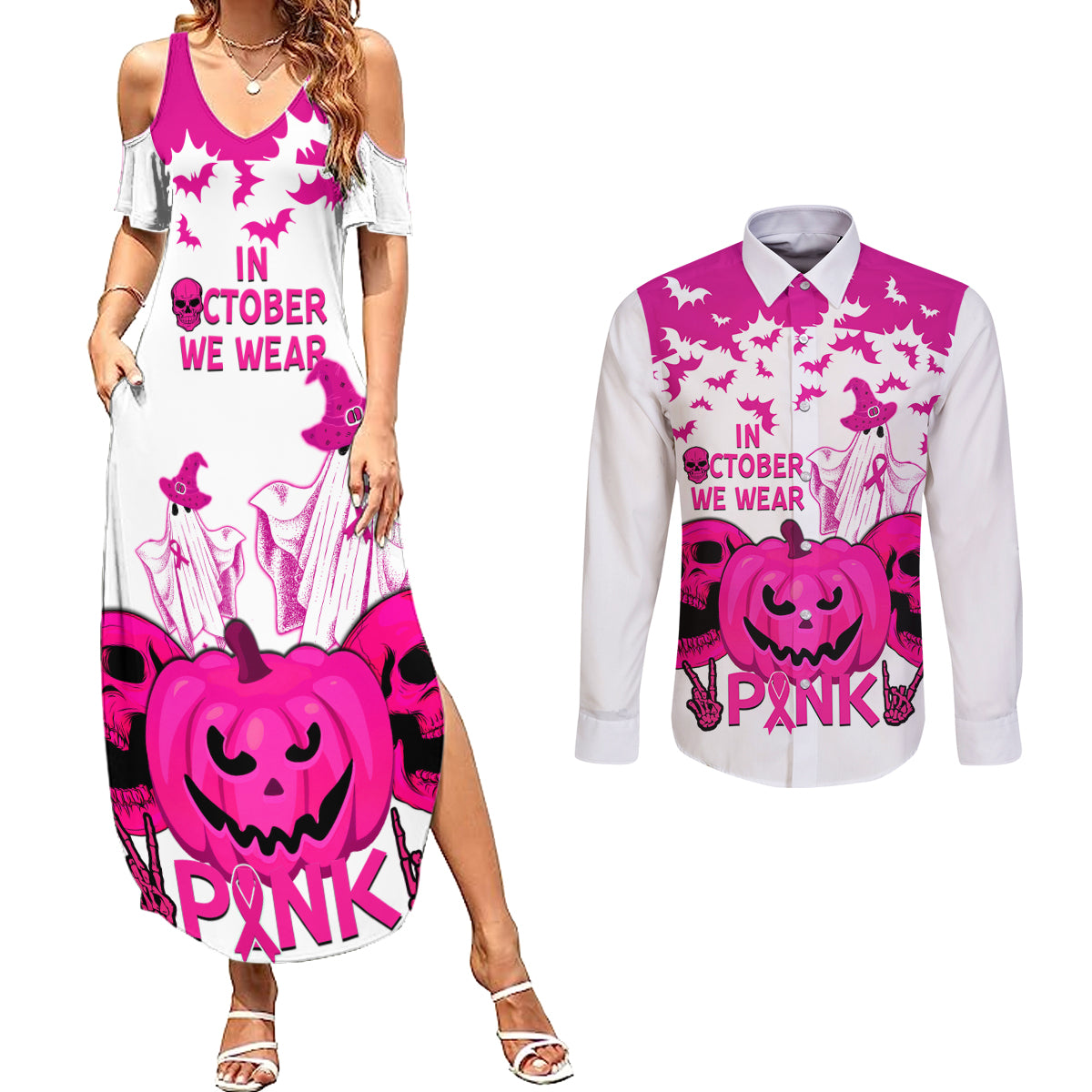 in-october-we-wear-pink-breast-cancer-couples-matching-summer-maxi-dress-and-long-sleeve-button-shirts-halloween-skull-with-pumkin-white-version