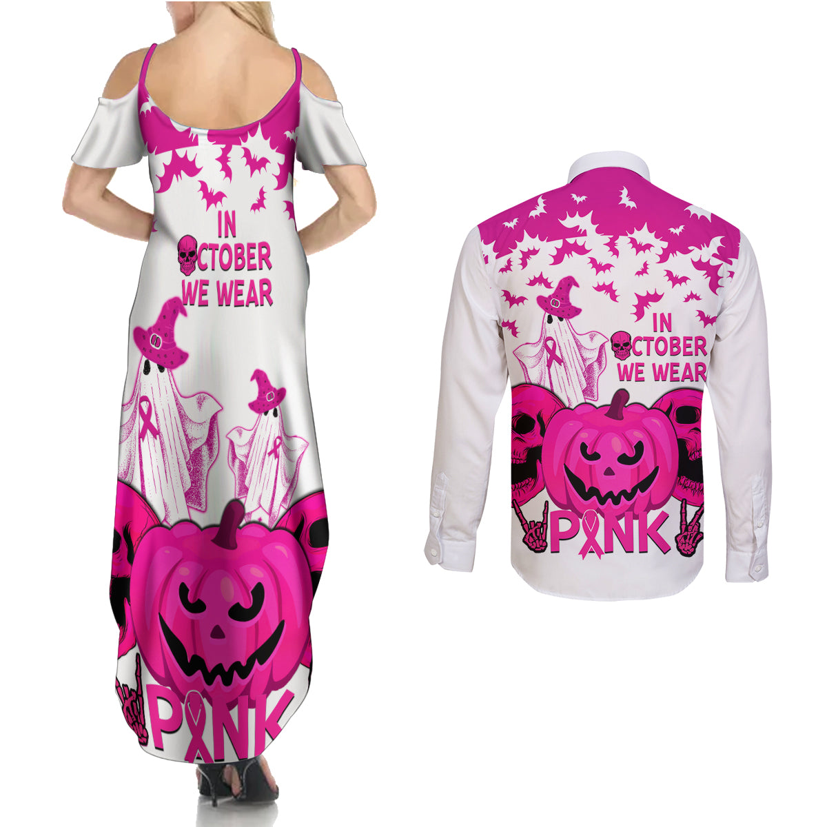 in-october-we-wear-pink-breast-cancer-couples-matching-summer-maxi-dress-and-long-sleeve-button-shirts-halloween-skull-with-pumkin-white-version