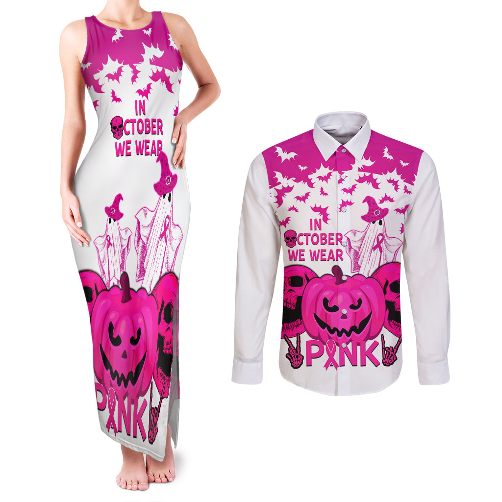 in-october-we-wear-pink-breast-cancer-couples-matching-tank-maxi-dress-and-long-sleeve-button-shirts-halloween-skull-with-pumkin-white-version