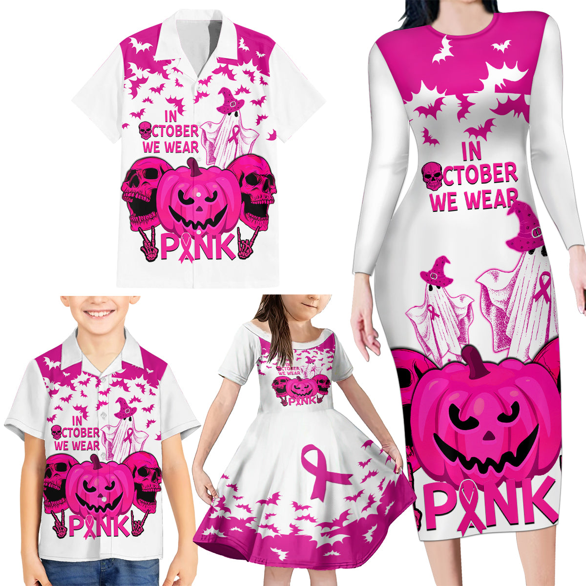 in-october-we-wear-pink-breast-cancer-family-matching-long-sleeve-bodycon-dress-and-hawaiian-shirt-halloween-skull-with-pumkin-white-version