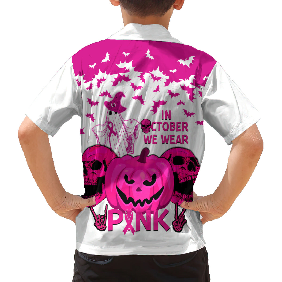 in-october-we-wear-pink-breast-cancer-family-matching-long-sleeve-bodycon-dress-and-hawaiian-shirt-halloween-skull-with-pumkin-white-version