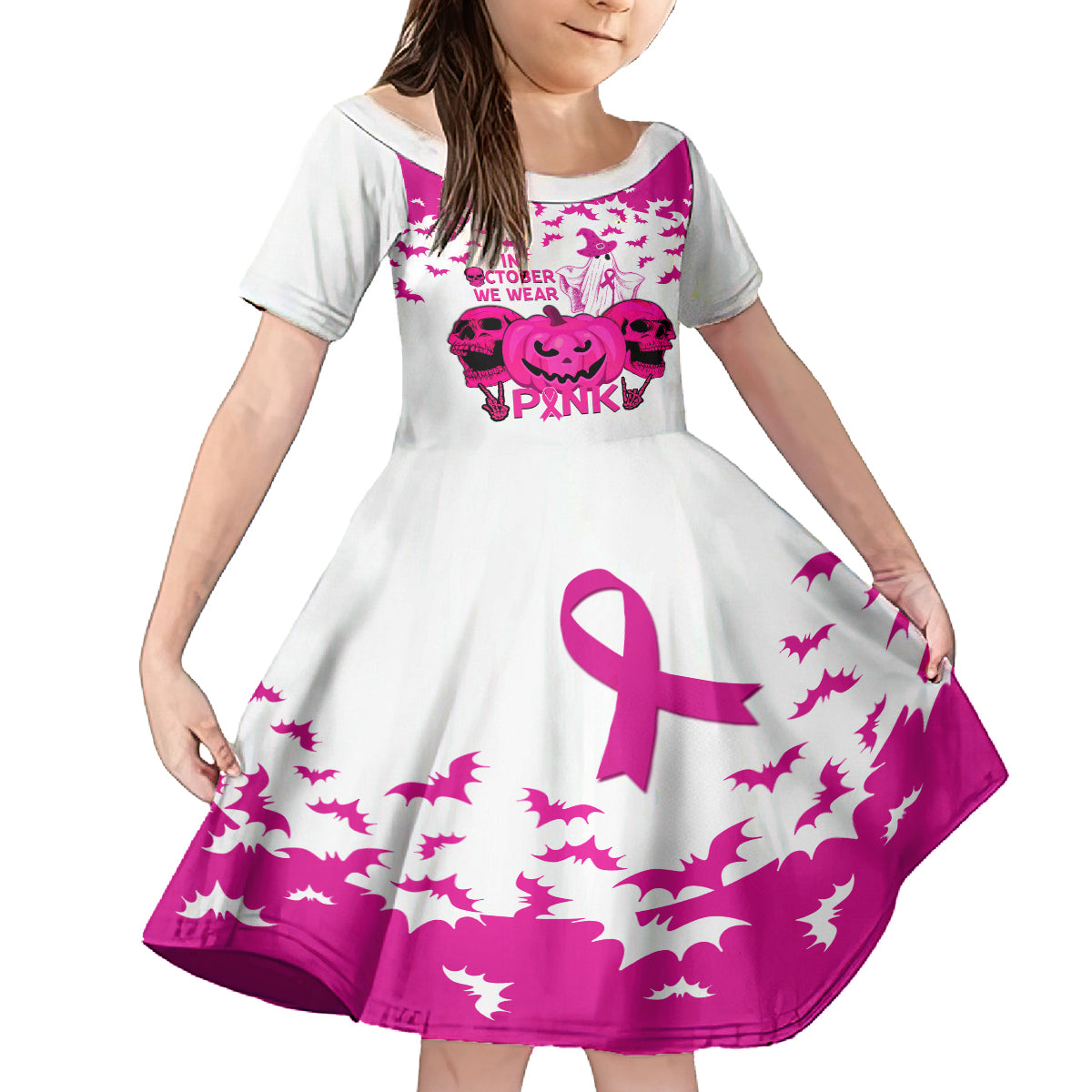 in-october-we-wear-pink-breast-cancer-family-matching-long-sleeve-bodycon-dress-and-hawaiian-shirt-halloween-skull-with-pumkin-white-version