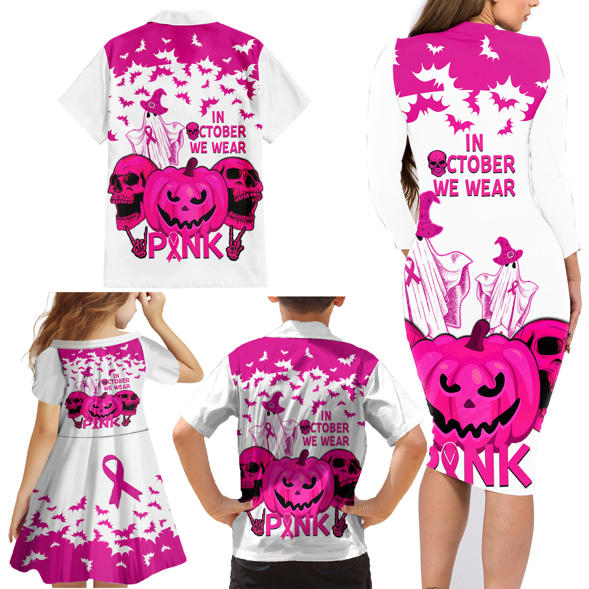 in-october-we-wear-pink-breast-cancer-family-matching-long-sleeve-bodycon-dress-and-hawaiian-shirt-halloween-skull-with-pumkin-white-version