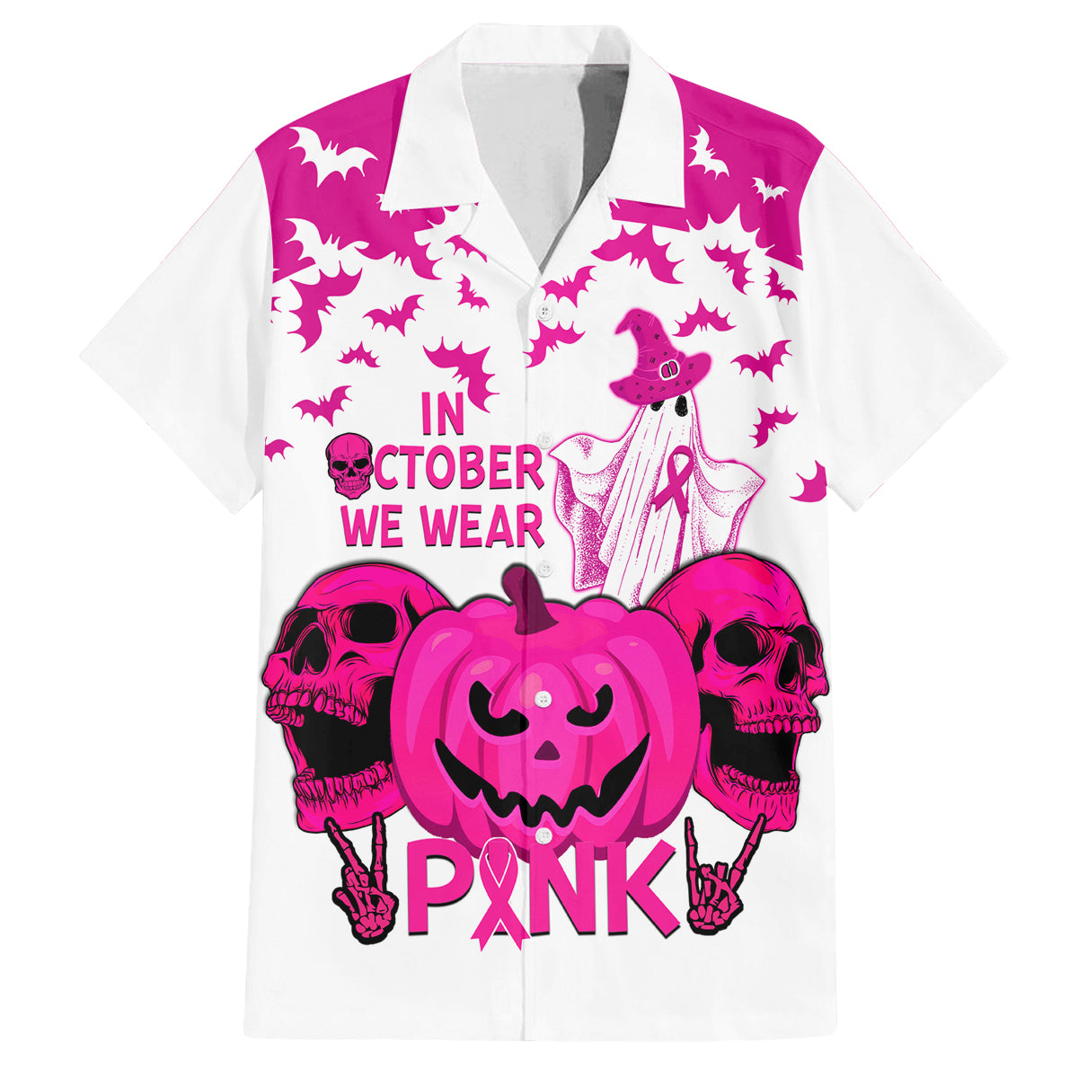 in-october-we-wear-pink-breast-cancer-family-matching-long-sleeve-bodycon-dress-and-hawaiian-shirt-halloween-skull-with-pumkin-white-version