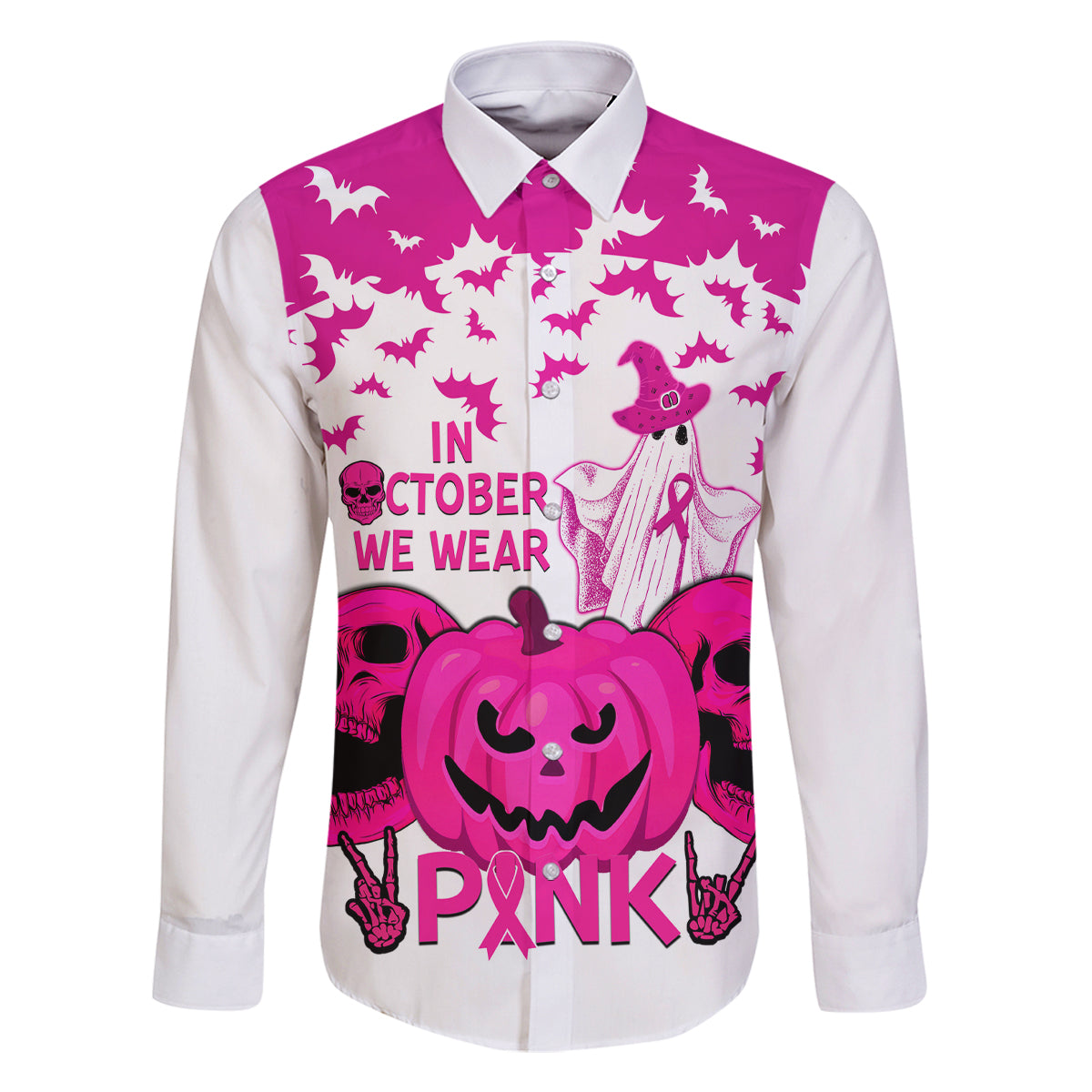 in-october-we-wear-pink-breast-cancer-family-matching-long-sleeve-bodycon-dress-and-hawaiian-shirt-halloween-skull-with-pumkin-white-version