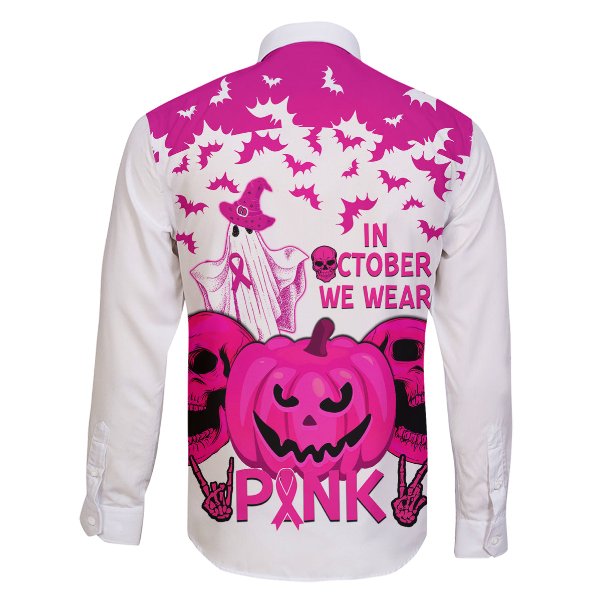 in-october-we-wear-pink-breast-cancer-family-matching-long-sleeve-bodycon-dress-and-hawaiian-shirt-halloween-skull-with-pumkin-white-version