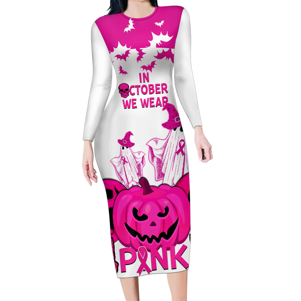 in-october-we-wear-pink-breast-cancer-family-matching-long-sleeve-bodycon-dress-and-hawaiian-shirt-halloween-skull-with-pumkin-white-version