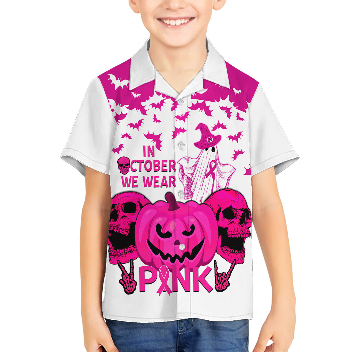 in-october-we-wear-pink-breast-cancer-family-matching-long-sleeve-bodycon-dress-and-hawaiian-shirt-halloween-skull-with-pumkin-white-version