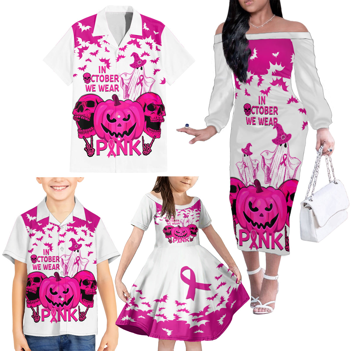 in-october-we-wear-pink-breast-cancer-family-matching-off-shoulder-long-sleeve-dress-and-hawaiian-shirt-halloween-skull-with-pumkin-white-version