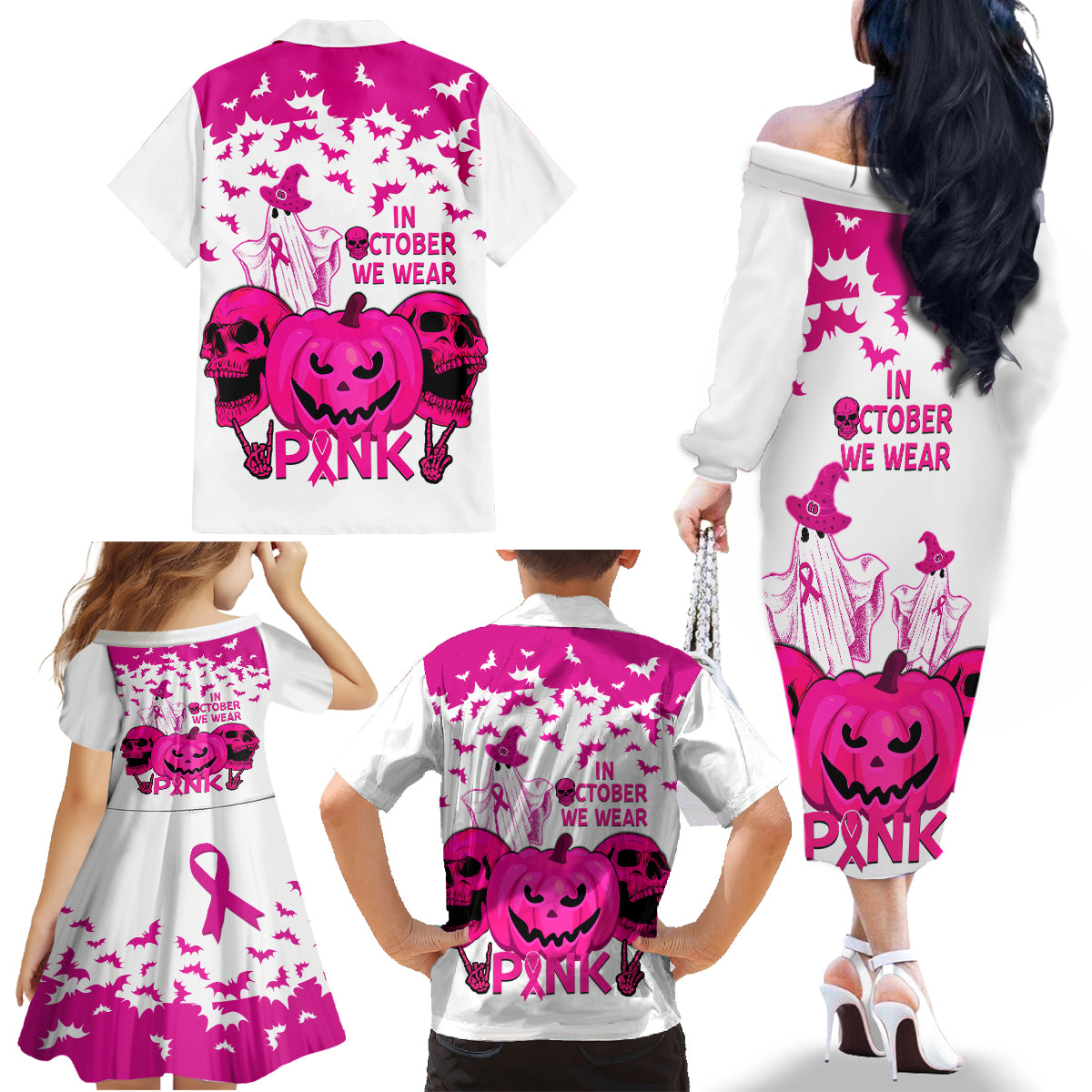 in-october-we-wear-pink-breast-cancer-family-matching-off-shoulder-long-sleeve-dress-and-hawaiian-shirt-halloween-skull-with-pumkin-white-version