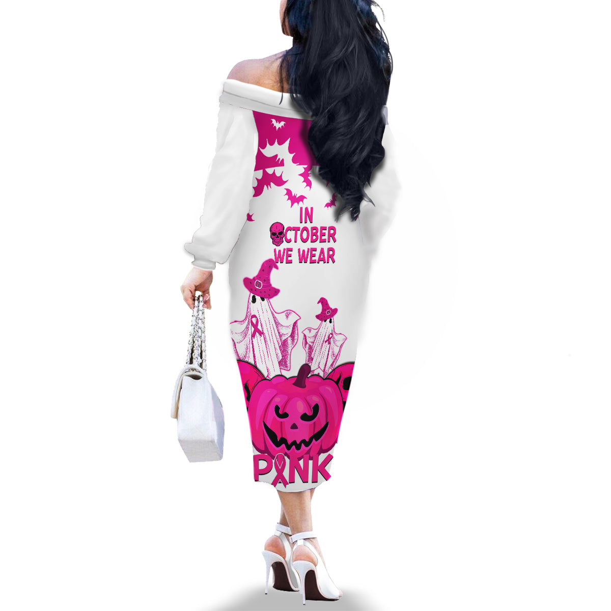 in-october-we-wear-pink-breast-cancer-family-matching-off-shoulder-long-sleeve-dress-and-hawaiian-shirt-halloween-skull-with-pumkin-white-version