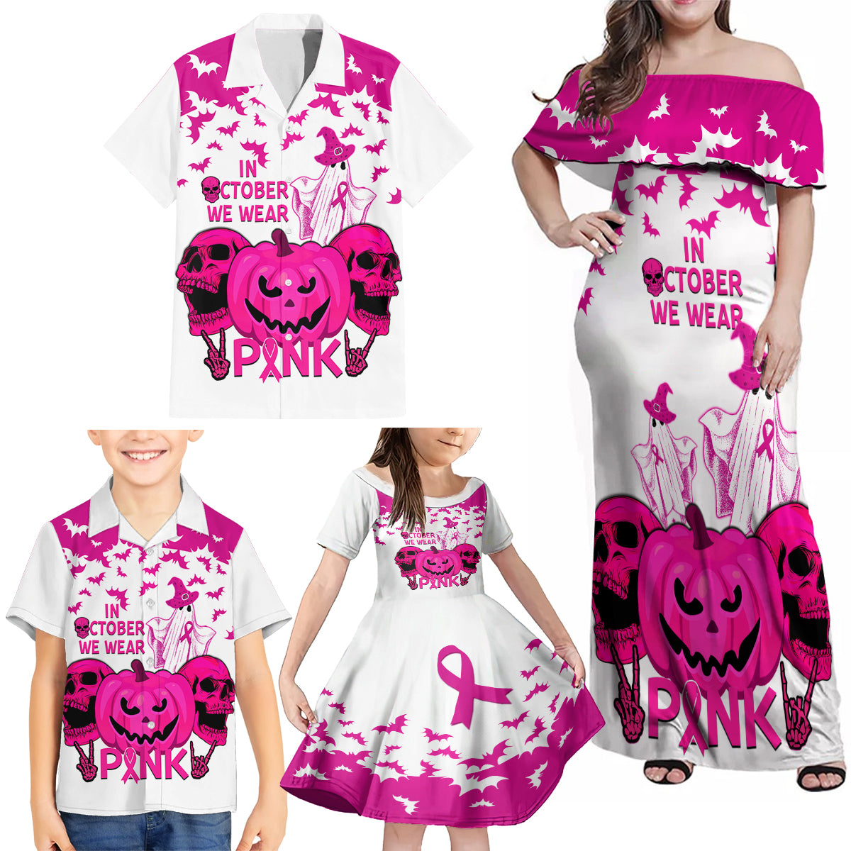 in-october-we-wear-pink-breast-cancer-family-matching-off-shoulder-maxi-dress-and-hawaiian-shirt-halloween-skull-with-pumkin-white-version