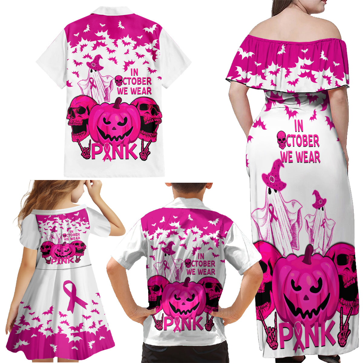 in-october-we-wear-pink-breast-cancer-family-matching-off-shoulder-maxi-dress-and-hawaiian-shirt-halloween-skull-with-pumkin-white-version