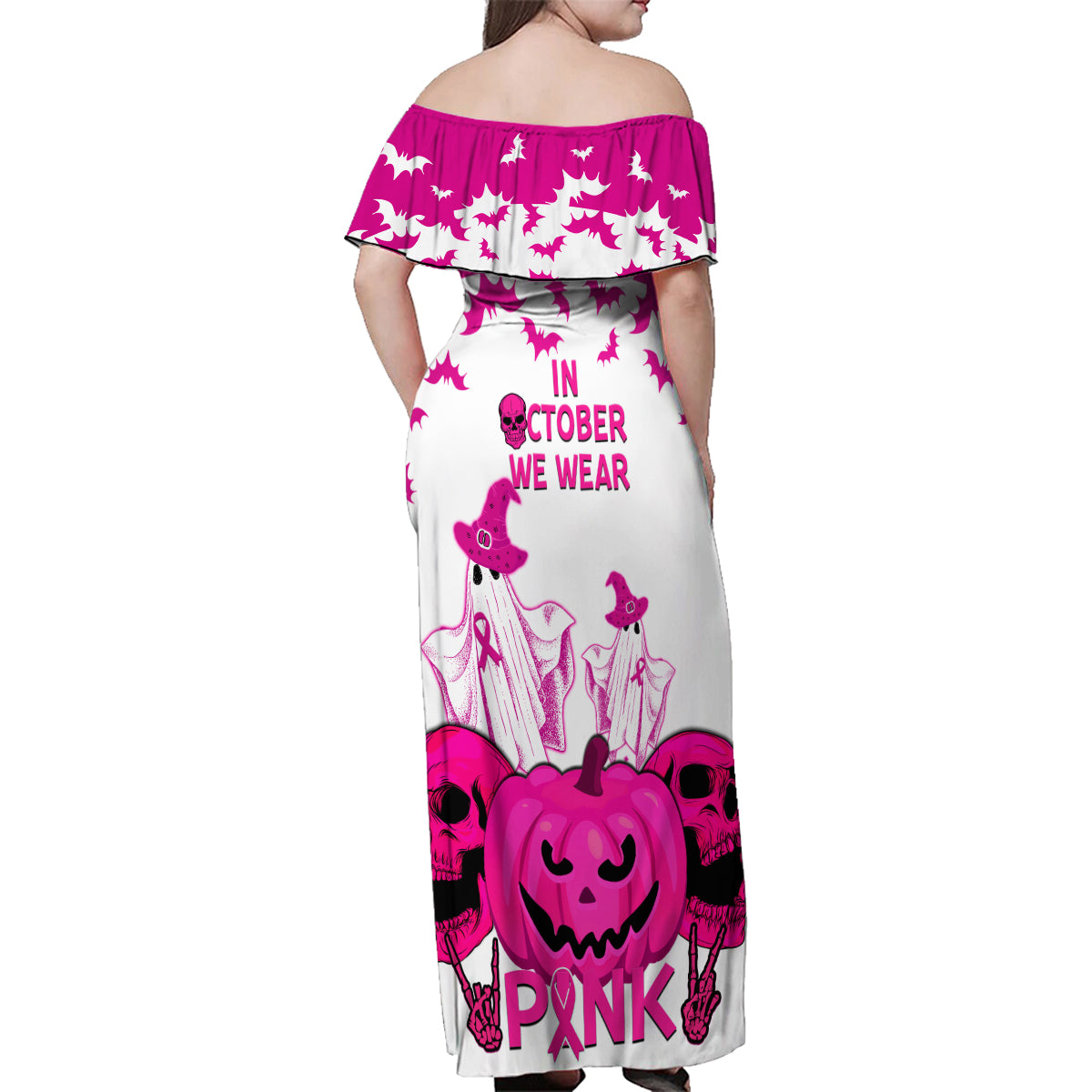 in-october-we-wear-pink-breast-cancer-family-matching-off-shoulder-maxi-dress-and-hawaiian-shirt-halloween-skull-with-pumkin-white-version