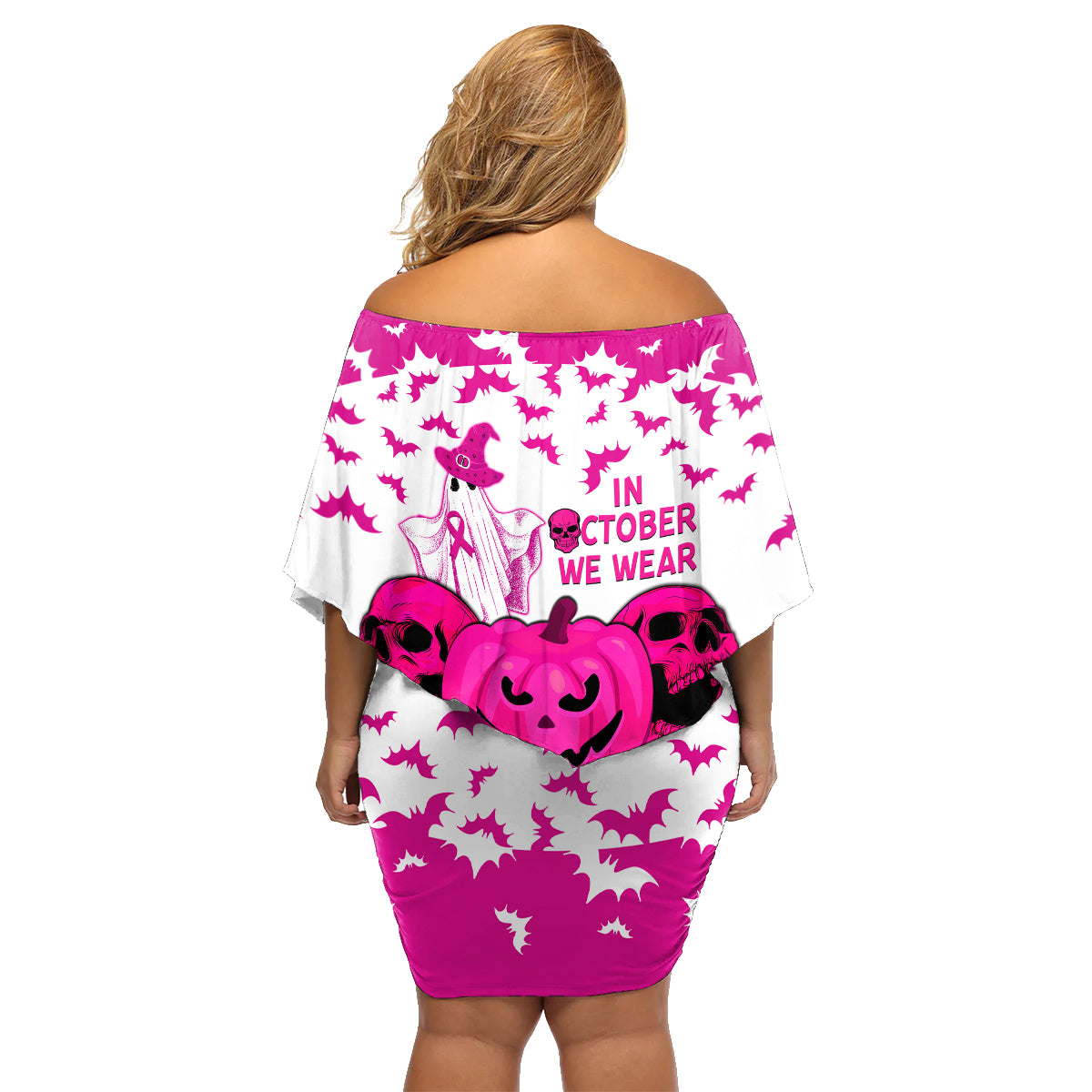 in-october-we-wear-pink-breast-cancer-family-matching-off-shoulder-short-dress-and-hawaiian-shirt-halloween-skull-with-pumkin-white-version