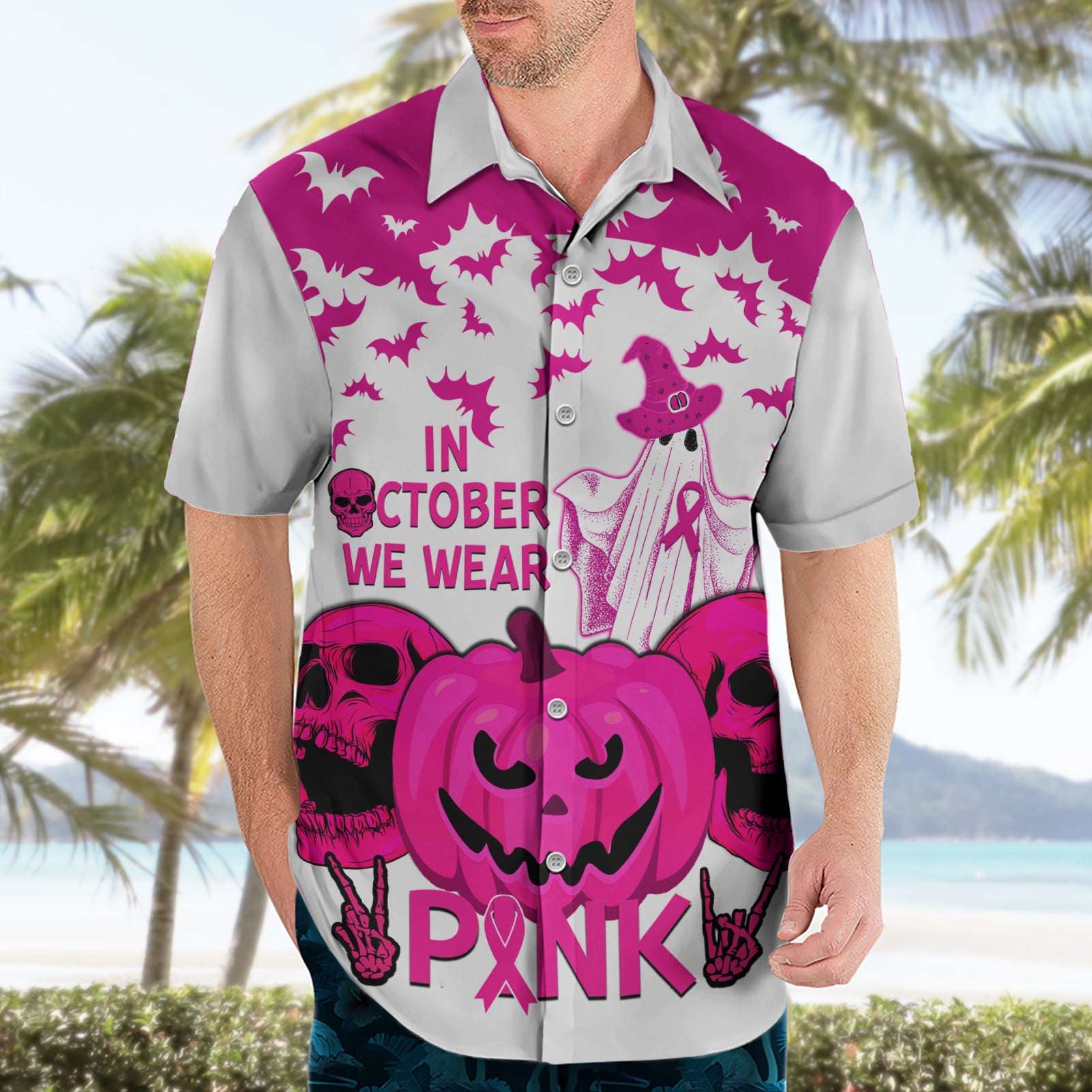 in-october-we-wear-pink-breast-cancer-hawaiian-shirt-halloween-skull-with-pumkin-white-version