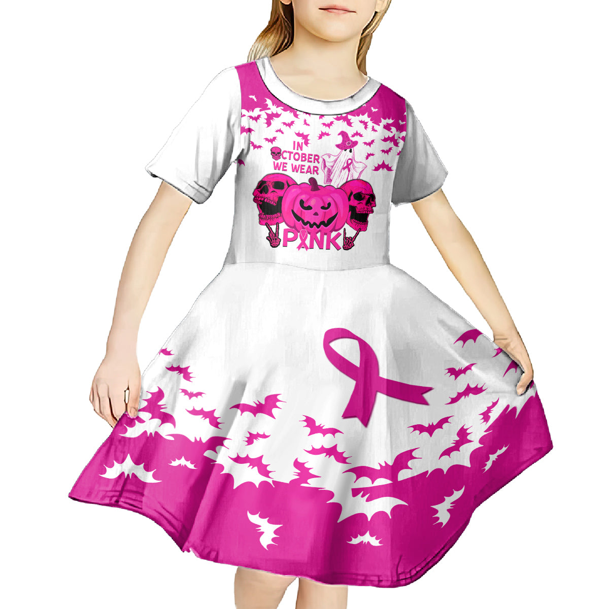 in-october-we-wear-pink-breast-cancer-kid-short-sleeve-dress-halloween-skull-with-pumkin-white-version