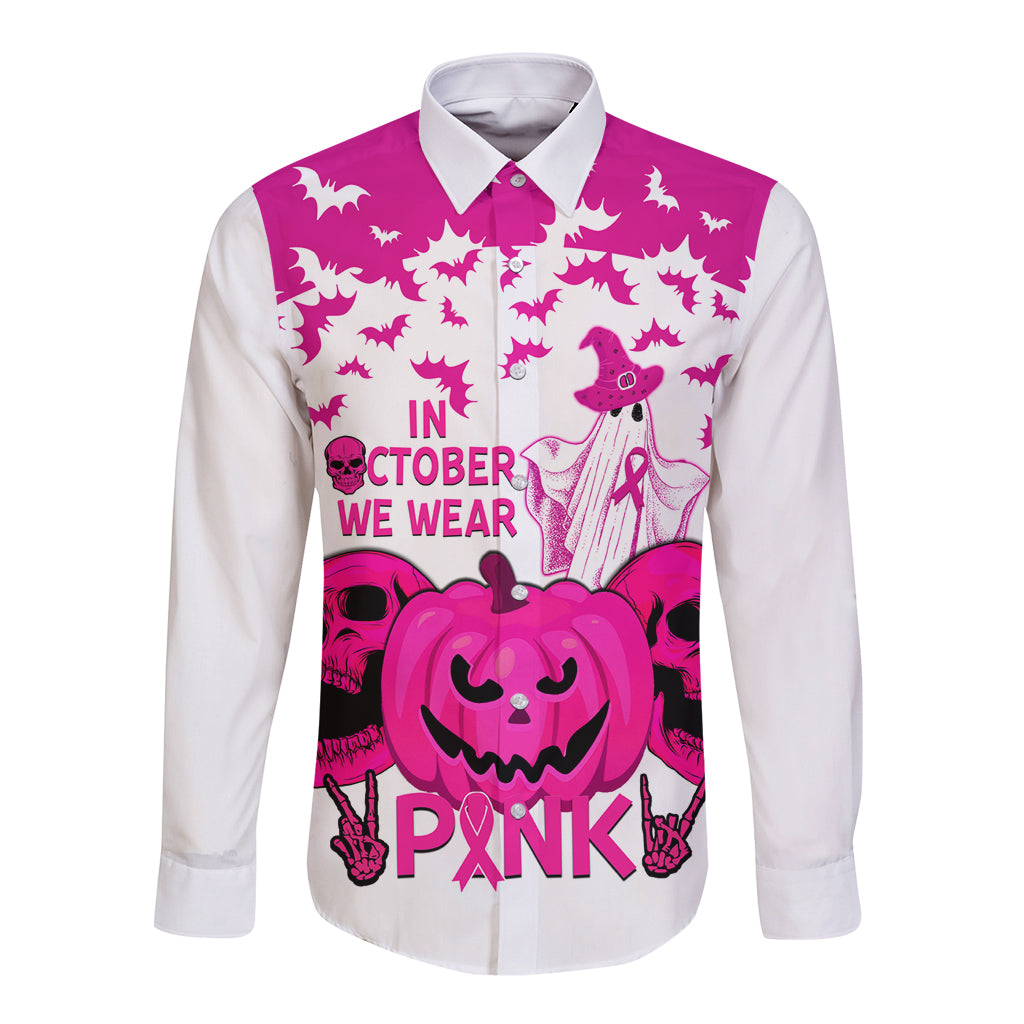 in-october-we-wear-pink-breast-cancer-long-sleeve-button-shirt-halloween-skull-with-pumkin-white-version