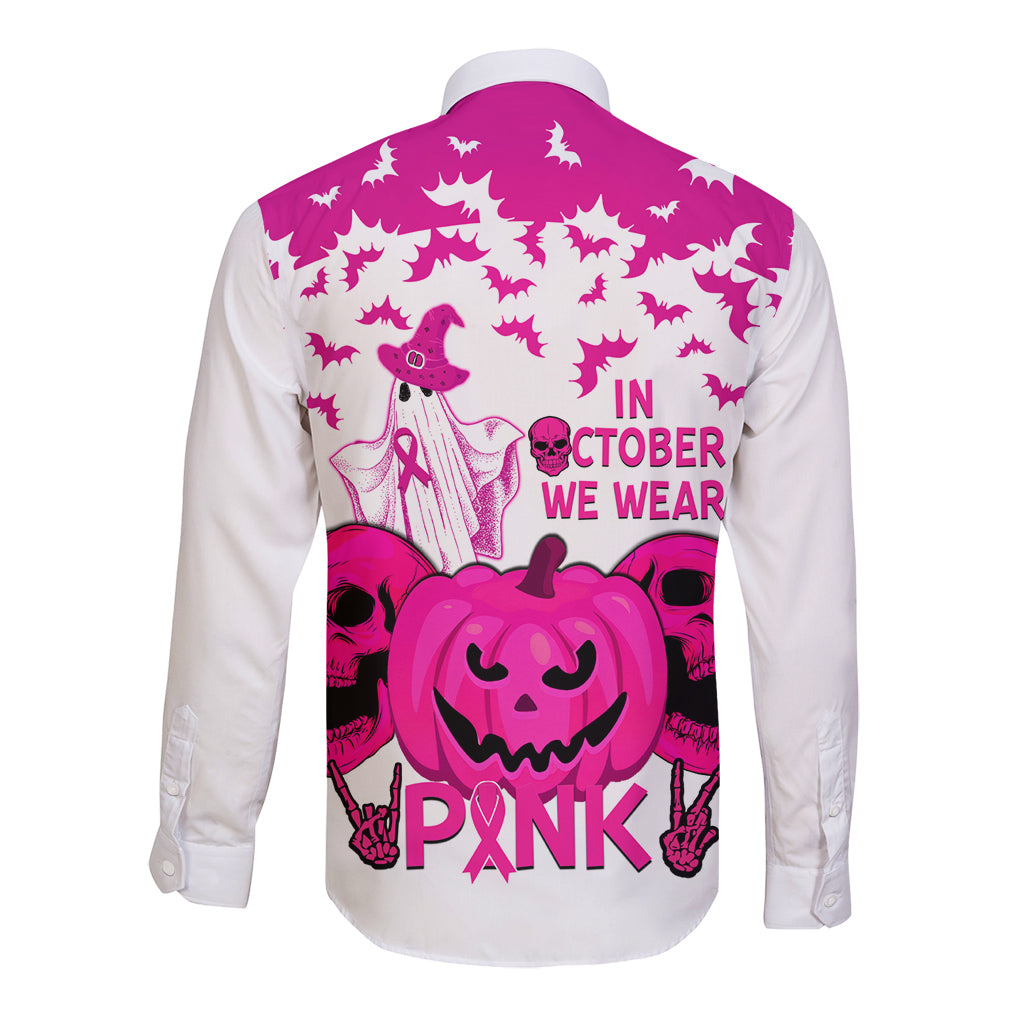 in-october-we-wear-pink-breast-cancer-long-sleeve-button-shirt-halloween-skull-with-pumkin-white-version