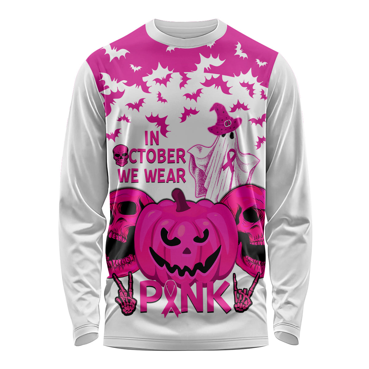 in-october-we-wear-pink-breast-cancer-long-sleeve-shirt-halloween-skull-with-pumkin-white-version