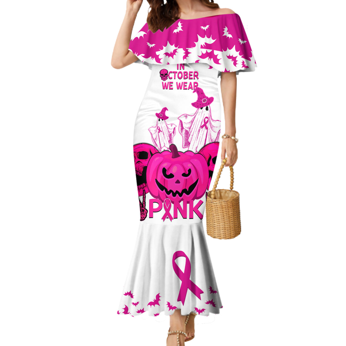 in-october-we-wear-pink-breast-cancer-mermaid-dress-halloween-skull-with-pumkin-white-version