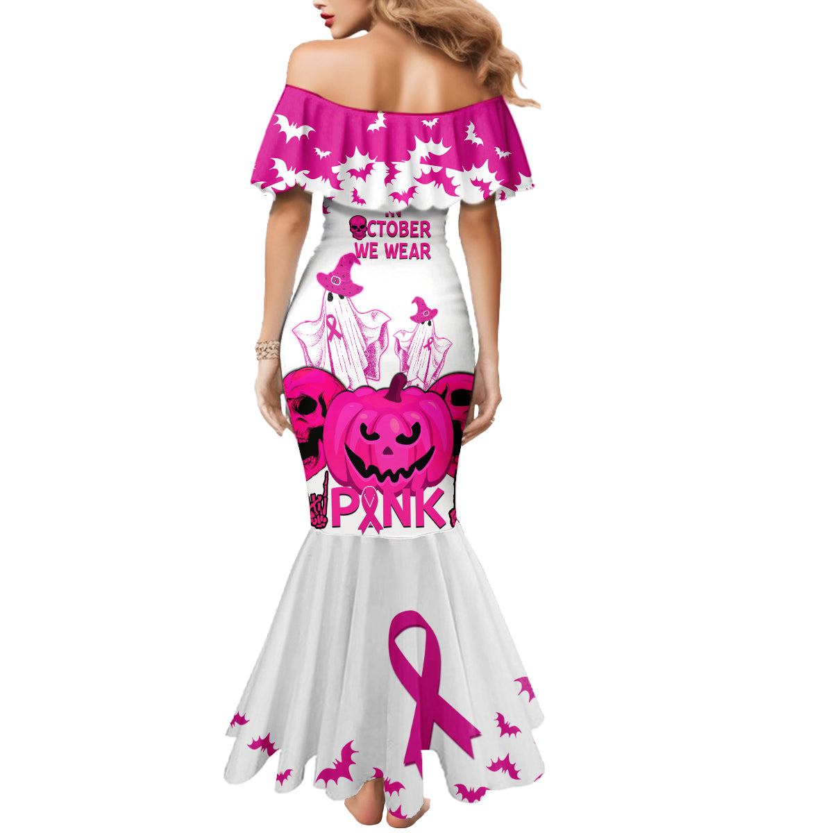 in-october-we-wear-pink-breast-cancer-mermaid-dress-halloween-skull-with-pumkin-white-version