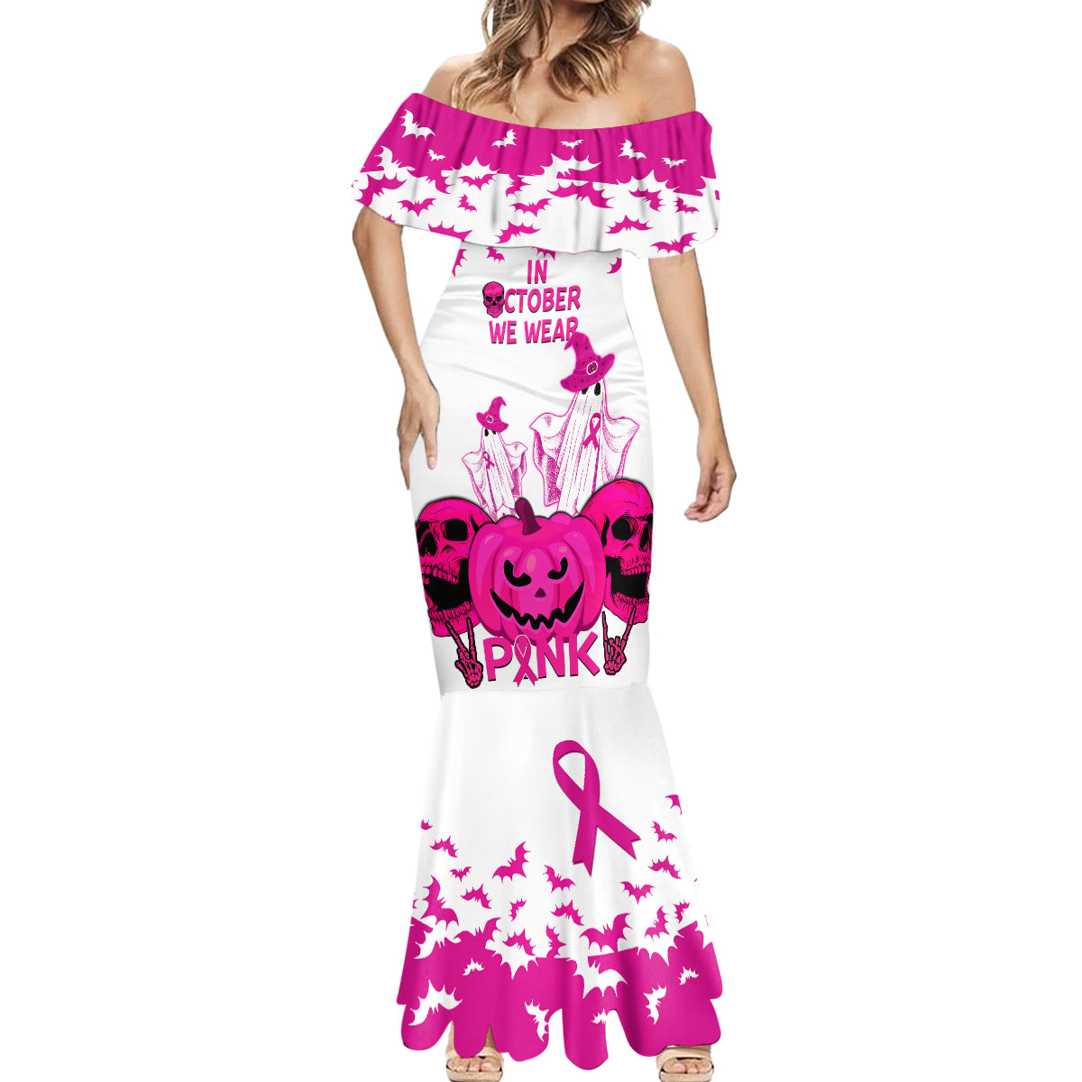 in-october-we-wear-pink-breast-cancer-mermaid-dress-halloween-skull-with-pumkin-white-version