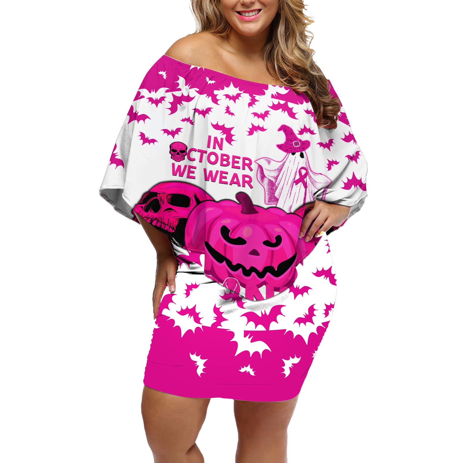 in-october-we-wear-pink-breast-cancer-off-shoulder-short-dress-halloween-skull-with-pumkin-white-version