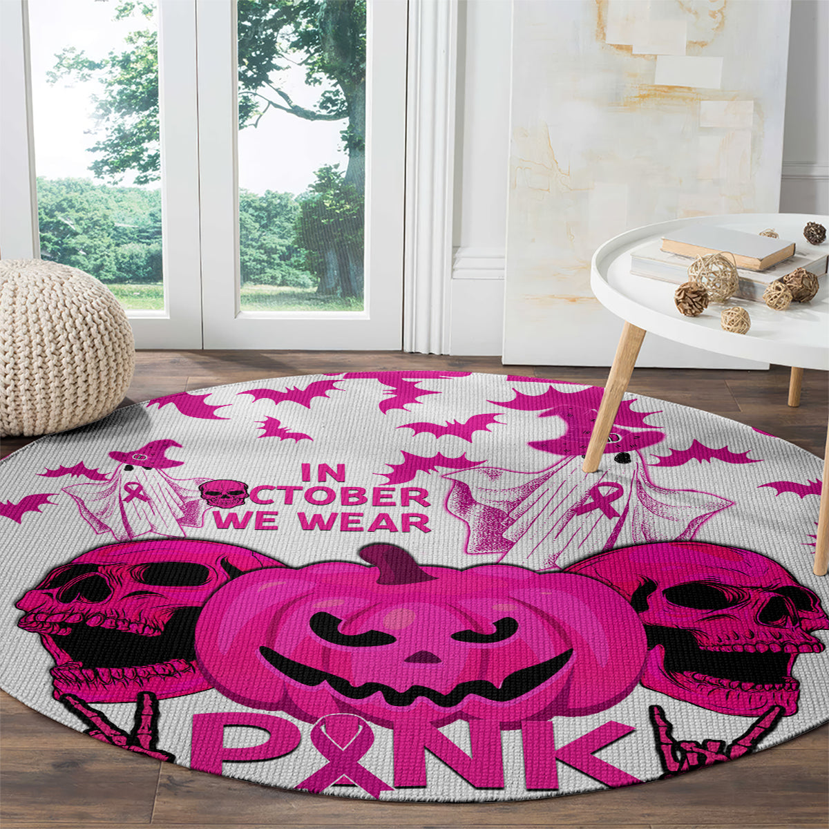 in-october-we-wear-pink-breast-cancer-round-carpet-halloween-skull-with-pumkin-white-version