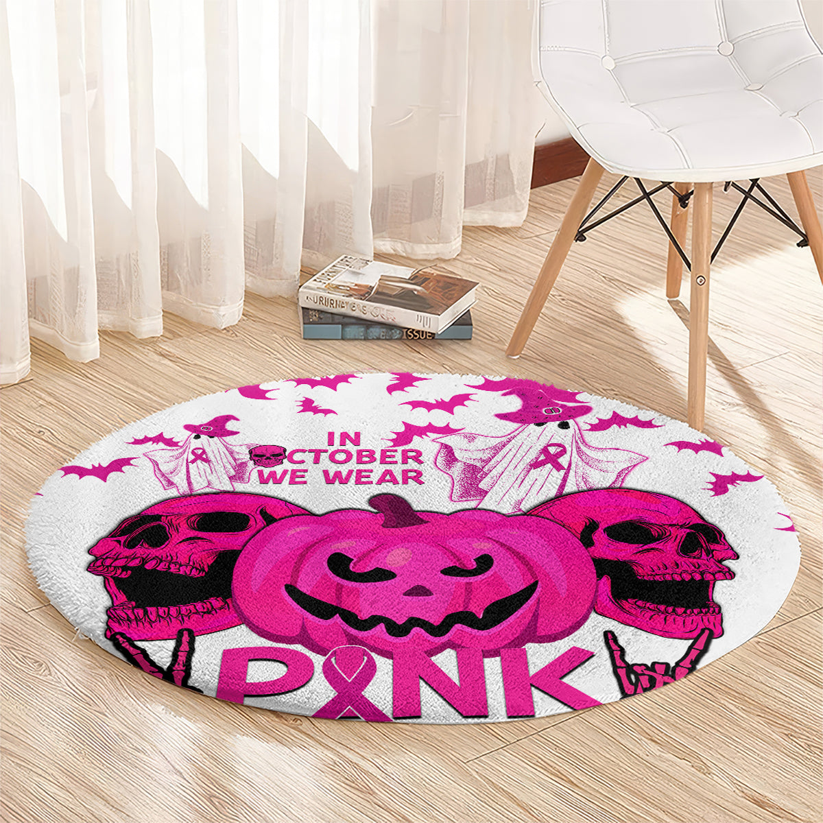 in-october-we-wear-pink-breast-cancer-round-carpet-halloween-skull-with-pumkin-white-version