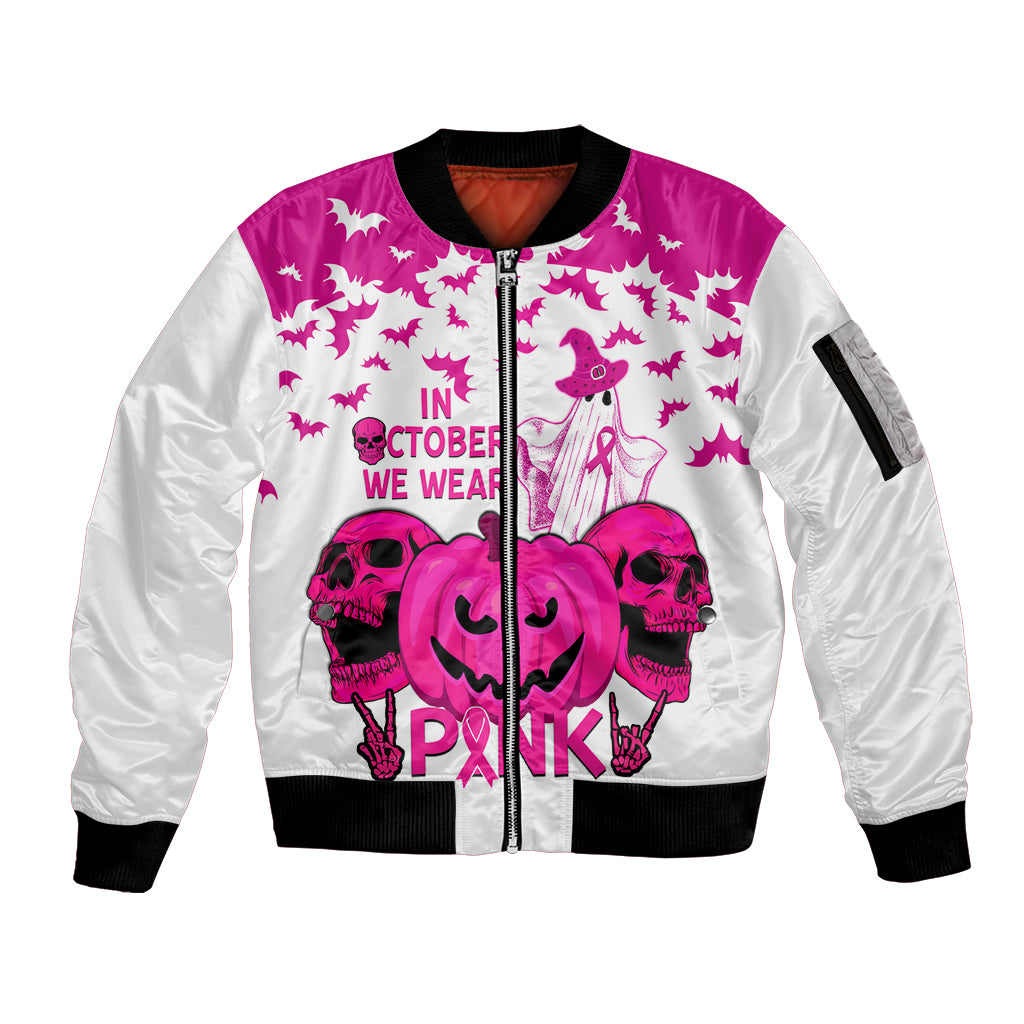 in-october-we-wear-pink-breast-cancer-sleeve-zip-bomber-jacket-halloween-skull-with-pumkin-white-version