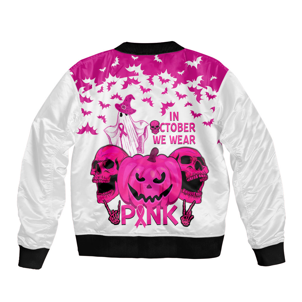 in-october-we-wear-pink-breast-cancer-sleeve-zip-bomber-jacket-halloween-skull-with-pumkin-white-version