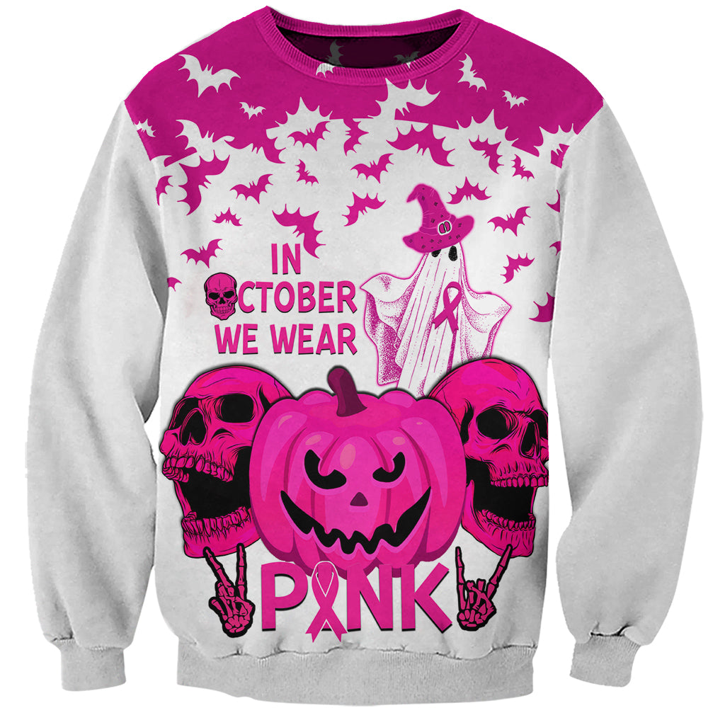 in-october-we-wear-pink-breast-cancer-sweatshirt-halloween-skull-with-pumkin-white-version