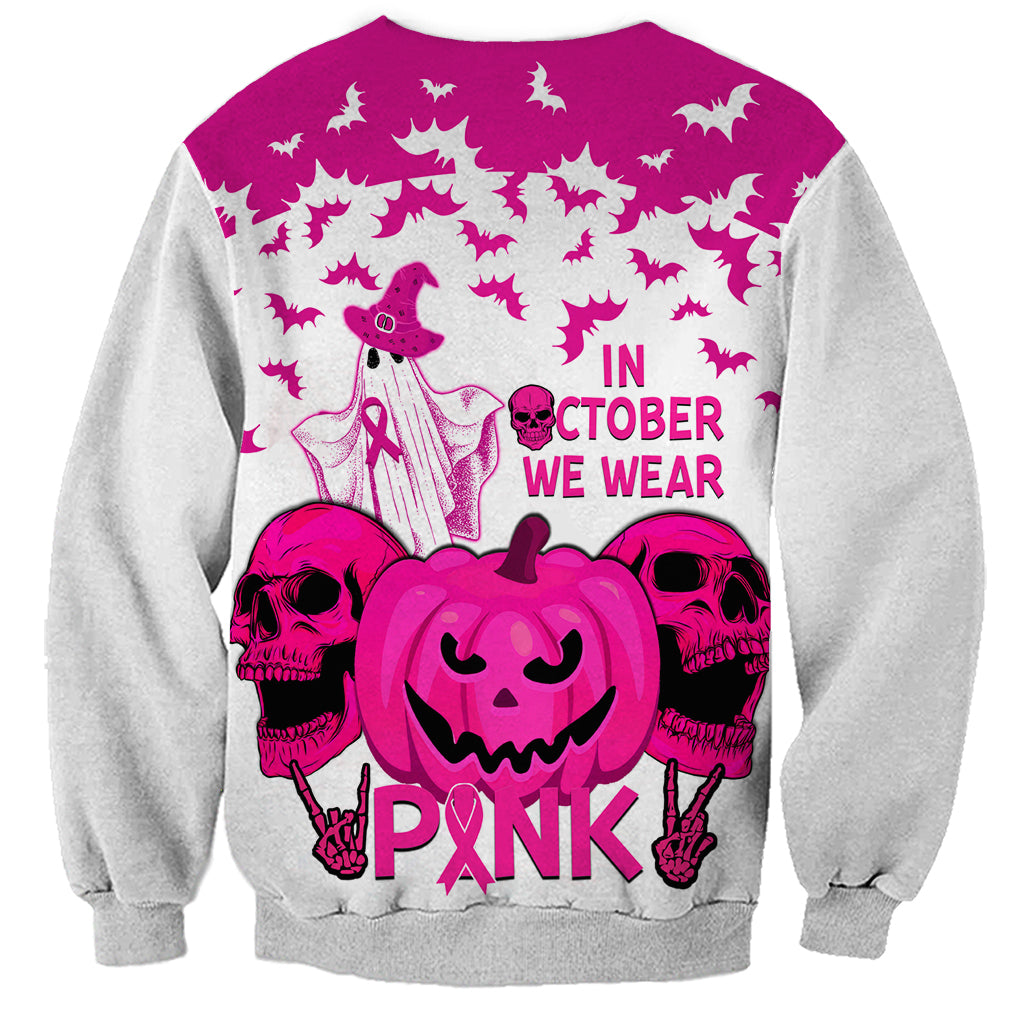 in-october-we-wear-pink-breast-cancer-sweatshirt-halloween-skull-with-pumkin-white-version