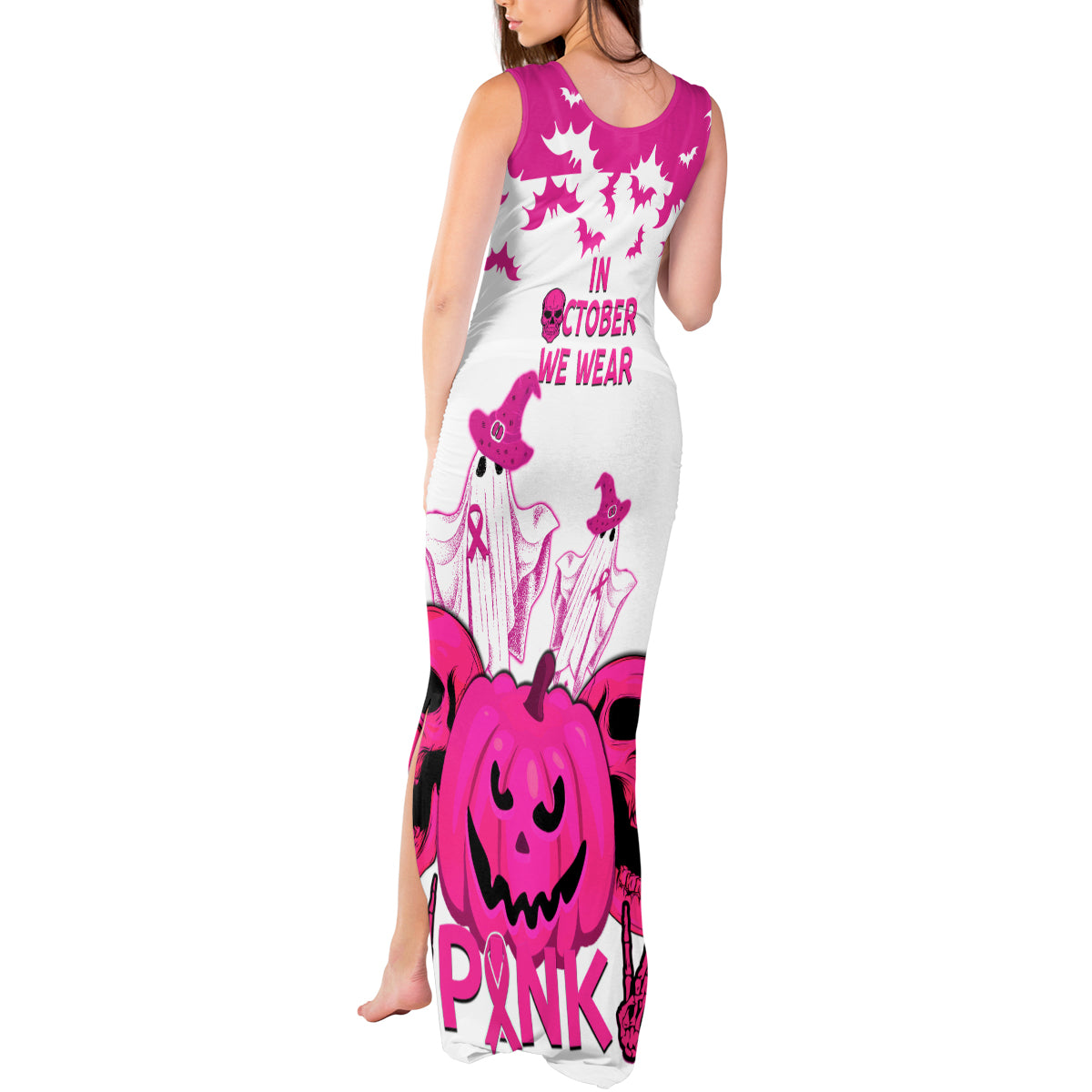 in-october-we-wear-pink-breast-cancer-tank-maxi-dress-halloween-skull-with-pumkin-white-version