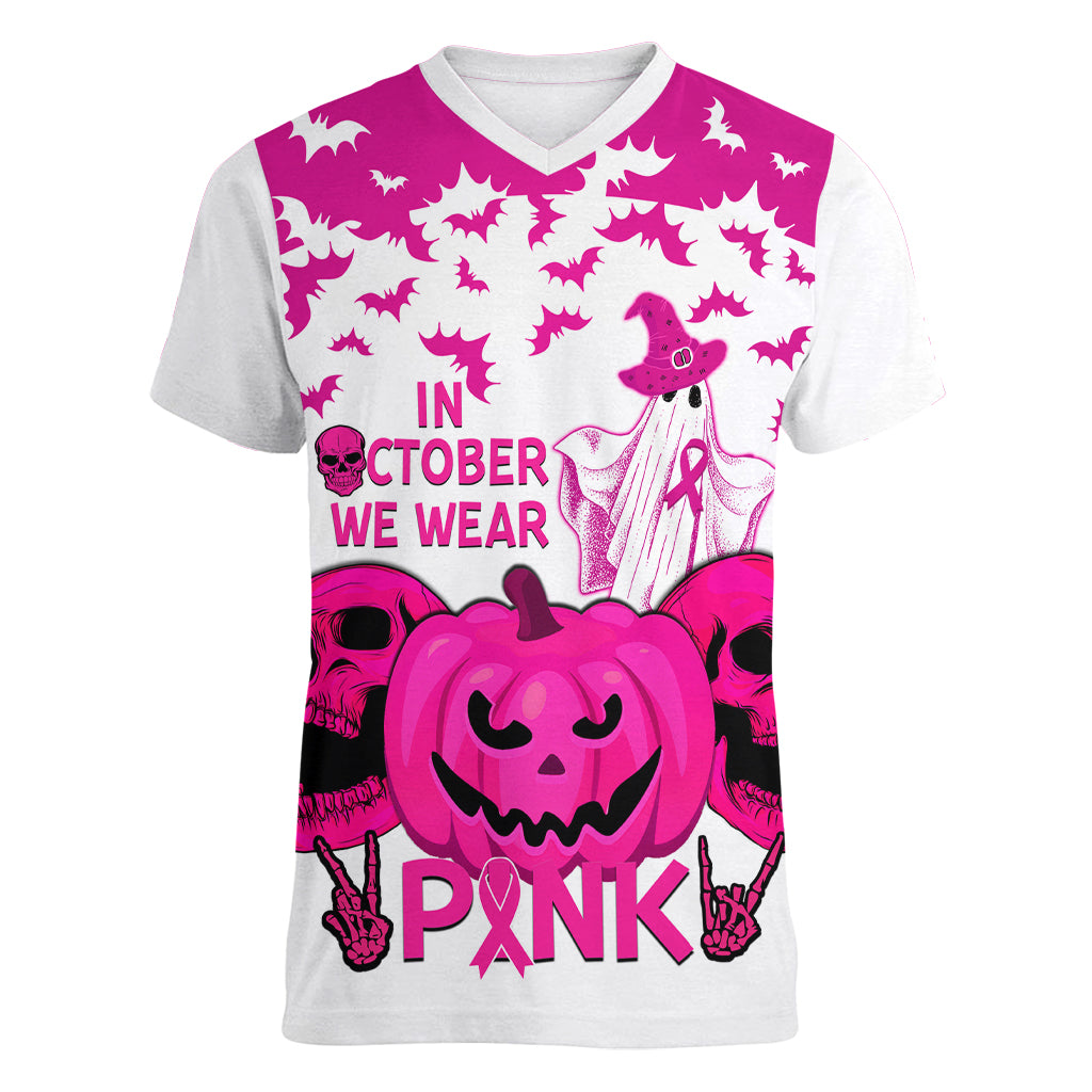 in-october-we-wear-pink-breast-cancer-women-v-neck-t-shirt-halloween-skull-with-pumkin-white-version