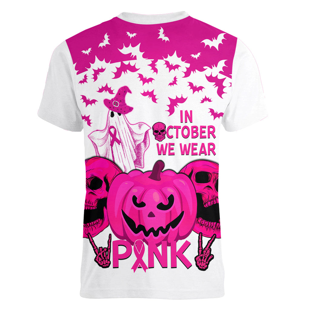 in-october-we-wear-pink-breast-cancer-women-v-neck-t-shirt-halloween-skull-with-pumkin-white-version