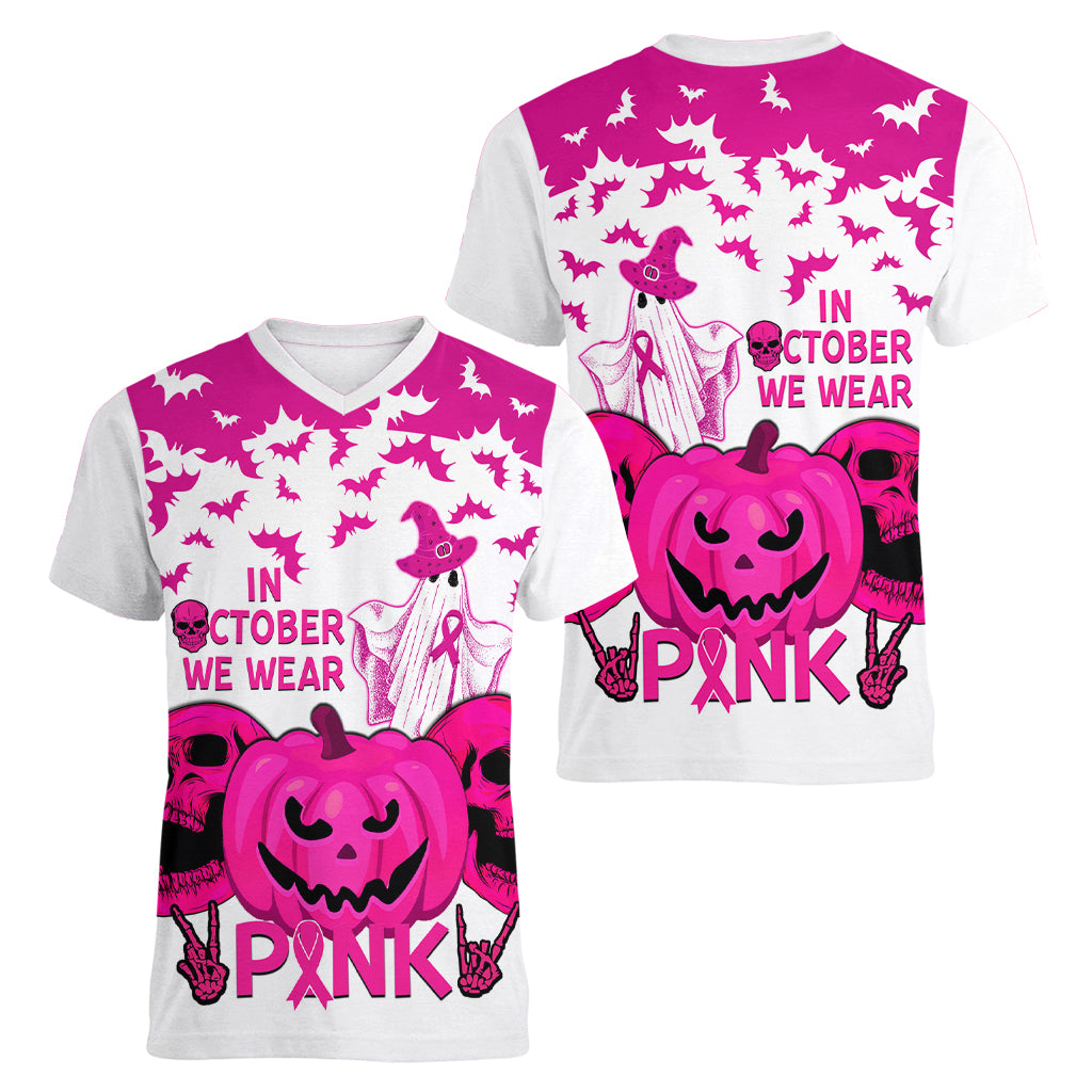 in-october-we-wear-pink-breast-cancer-women-v-neck-t-shirt-halloween-skull-with-pumkin-white-version