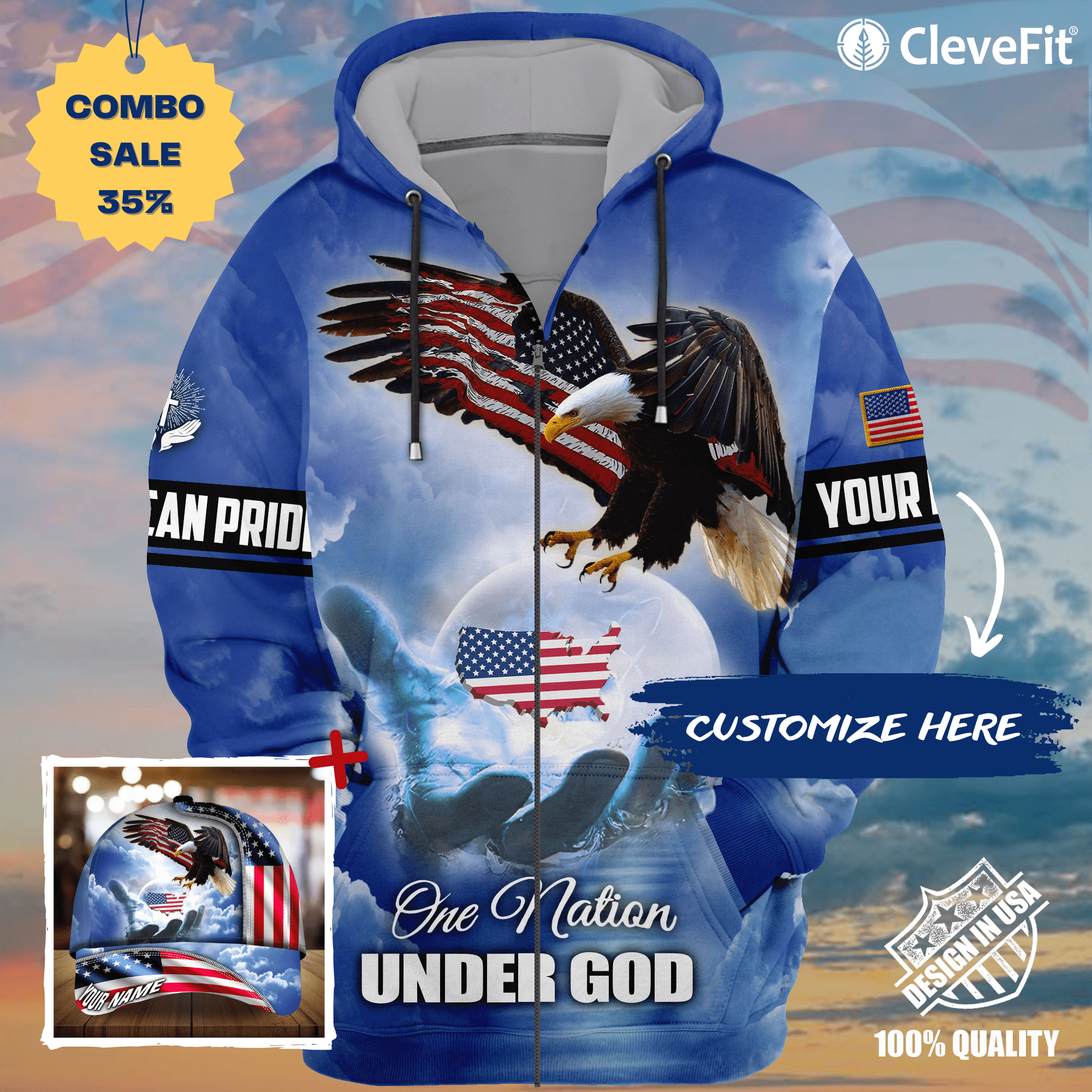 Premium America One Nation Under God, Eagle 3D Clothing Blue Personalized Combo Zip Hoodie And Cap