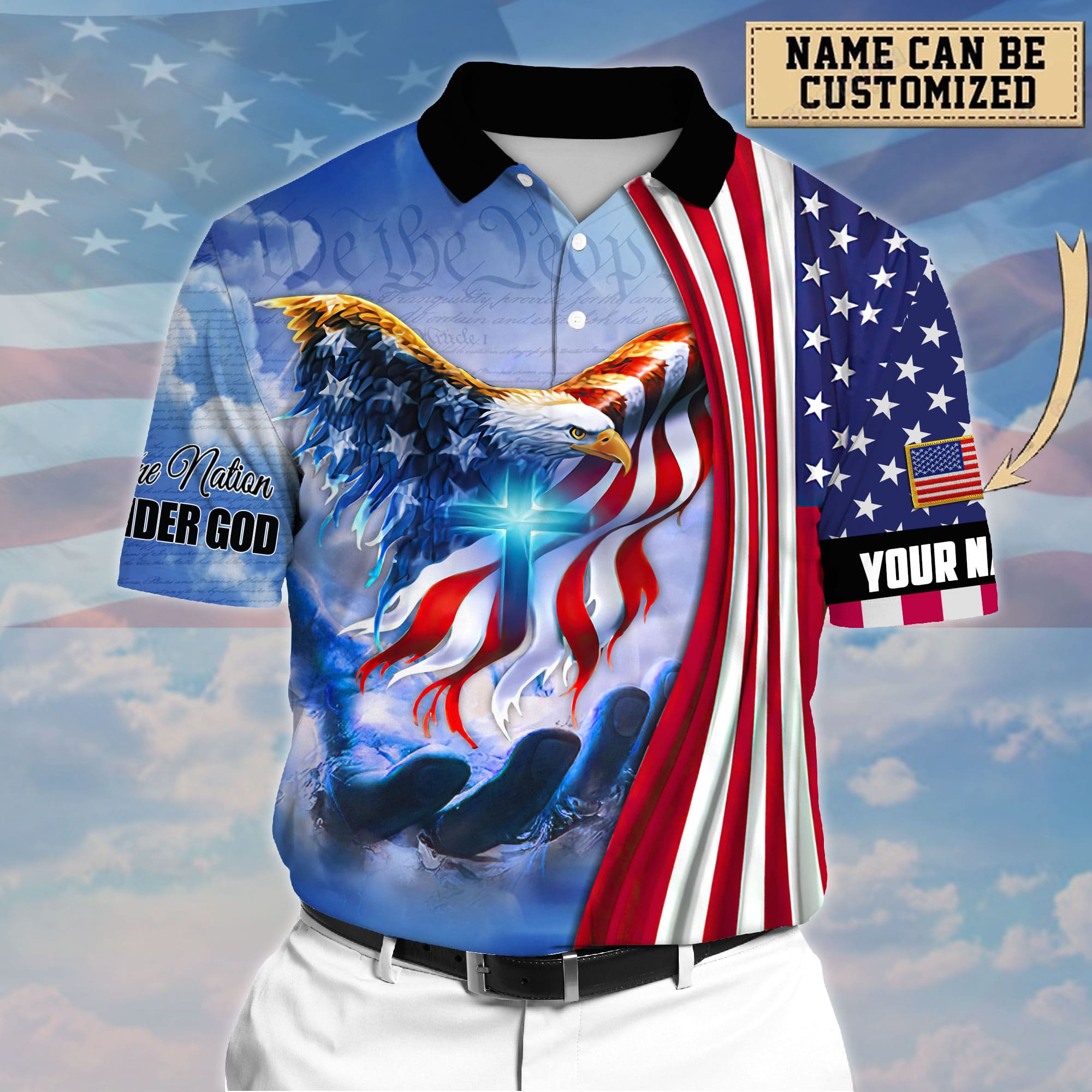 Premium Eagle One Nation Under God 3D Clothing Personalized Combo Polo Shirt And Cap