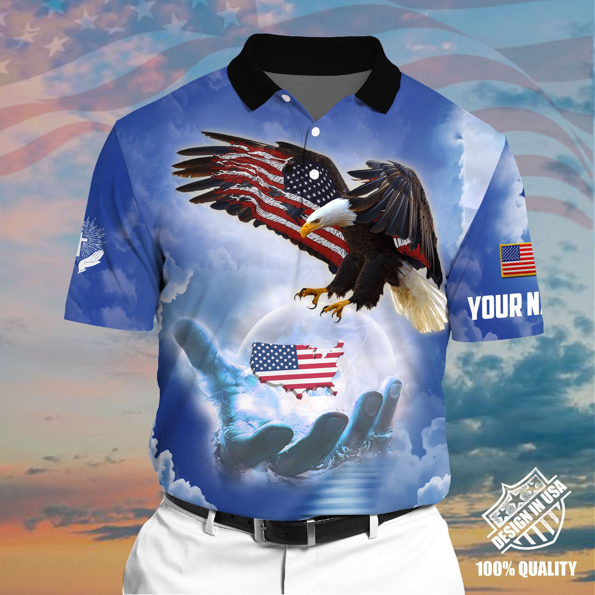 Premium America One Nation Under God, Eagle 3D Clothing Blue Personalized Combo Zip Hoodie And Cap