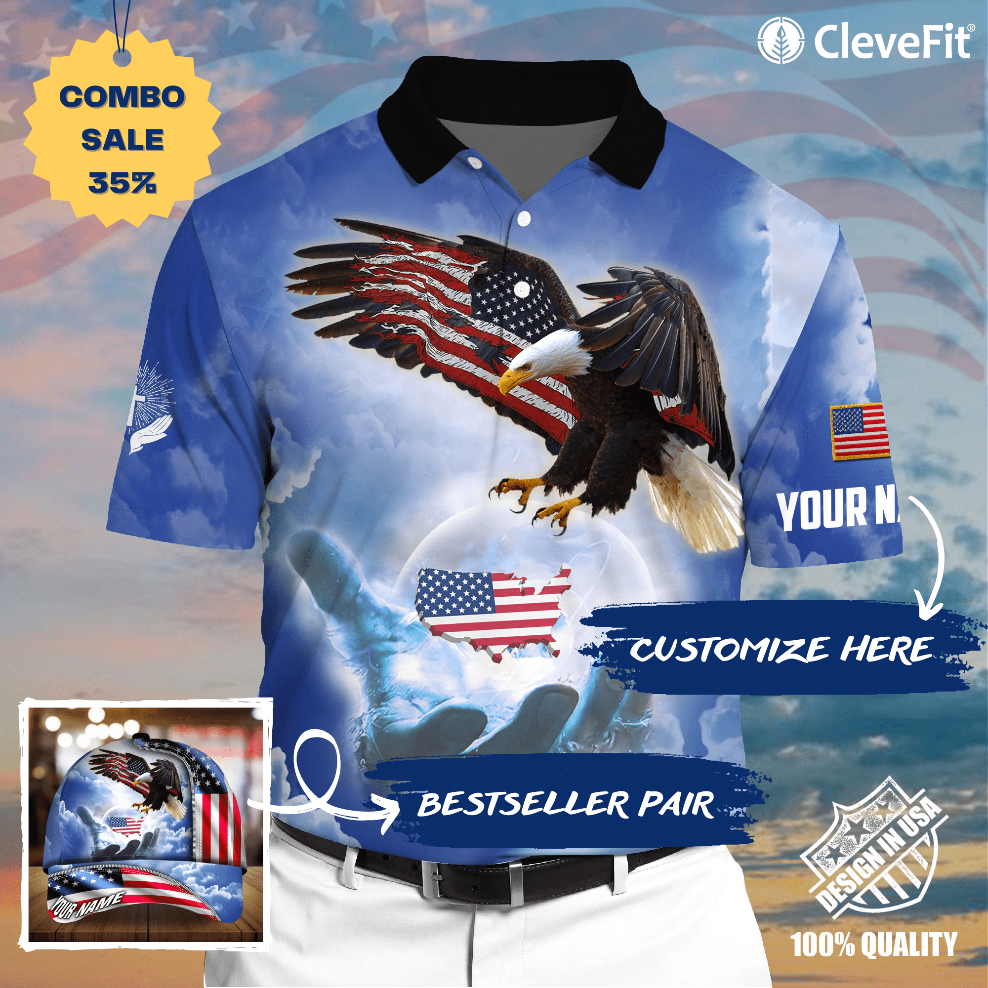 Premium America One Nation Under God, Eagle 3D Clothing Blue Personalized Combo Polo Shirt And Cap