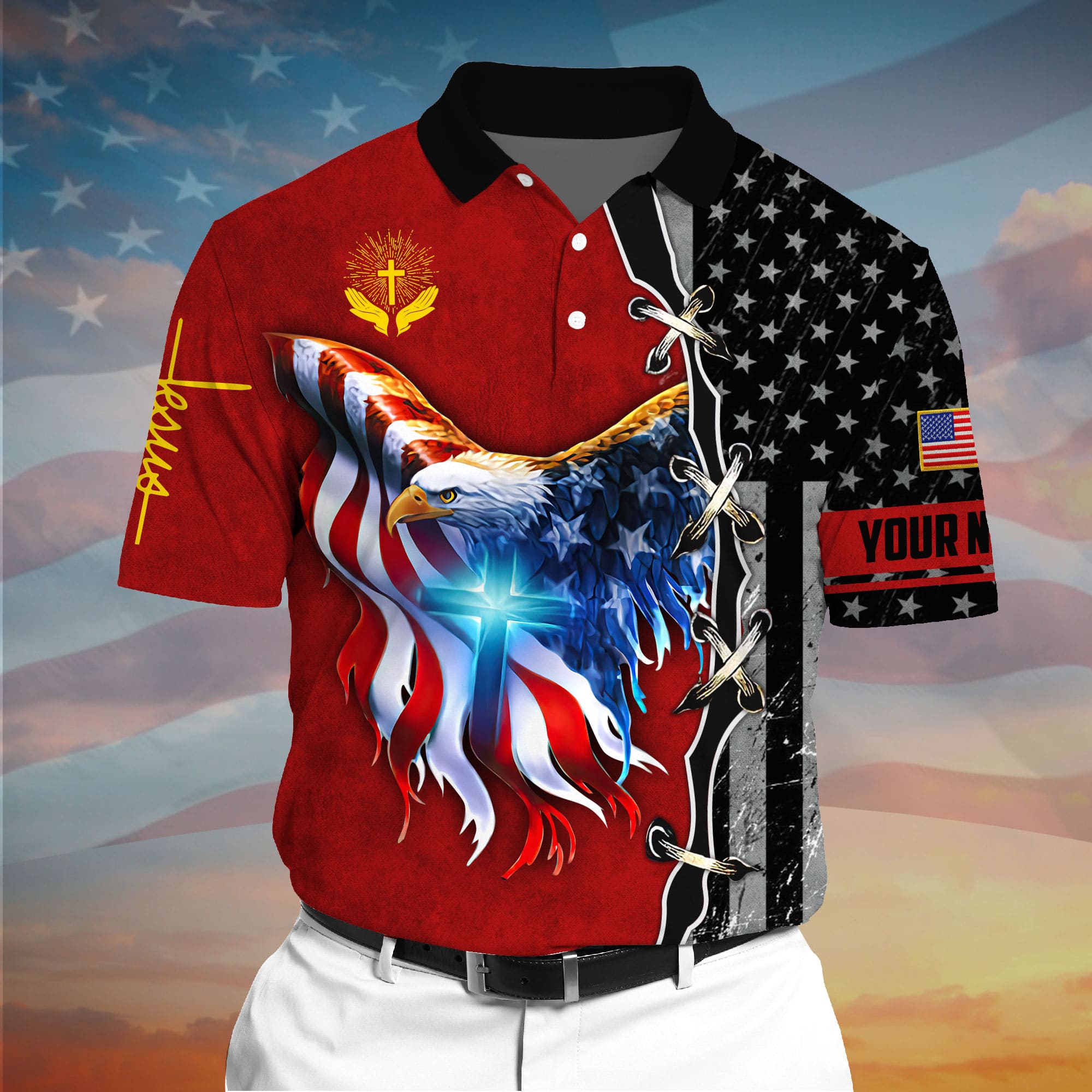 Premium American Eagle Patriotic 3D Polo AOP Multicolor Personalized