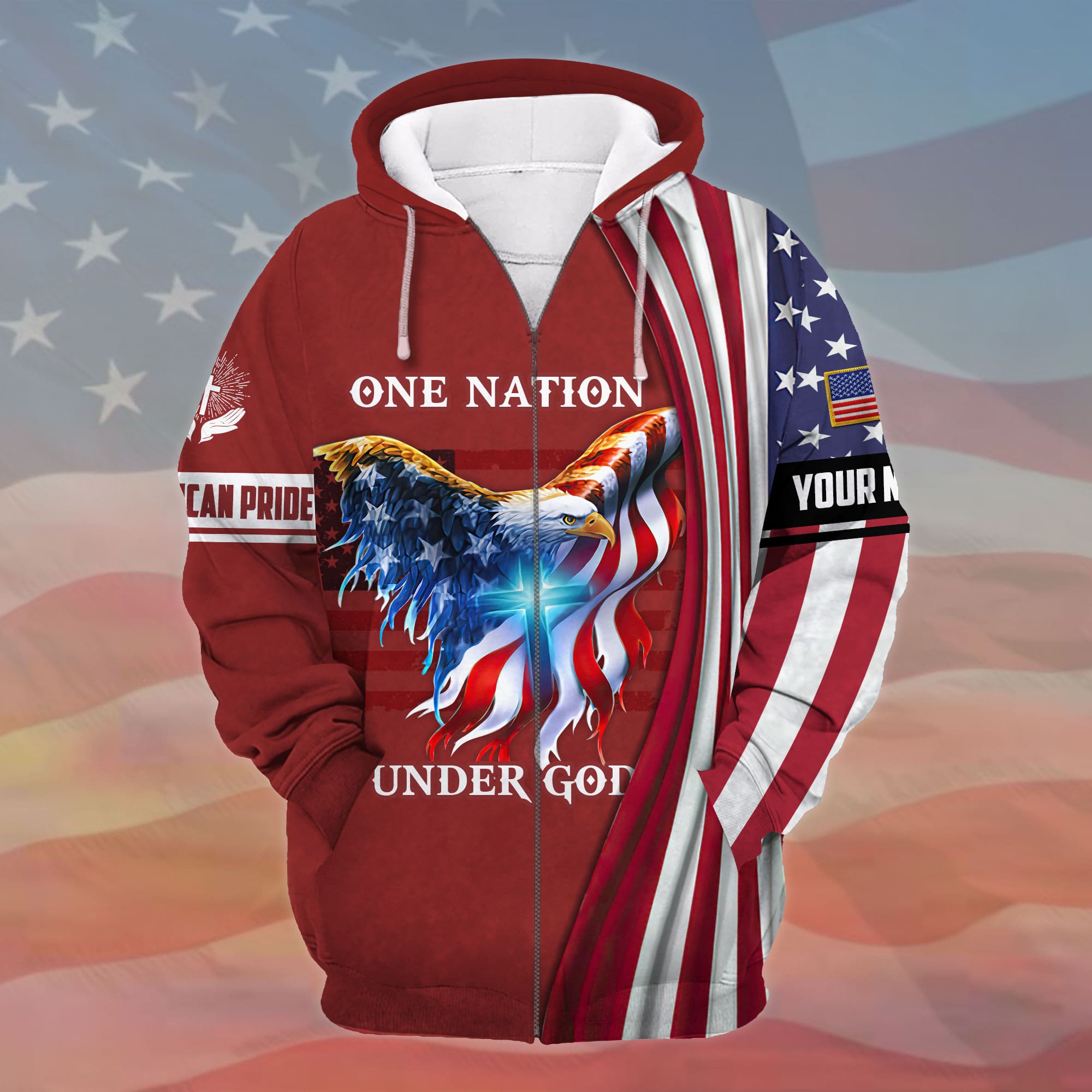 Premium One Nation Under God, 3D Eagle Patriotic Zip Hoodies Multicolor Personalized