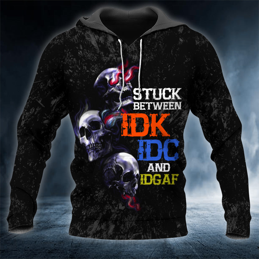 Stuck Between IDK IDC IDGAF Skull 3D Printed Hoodie